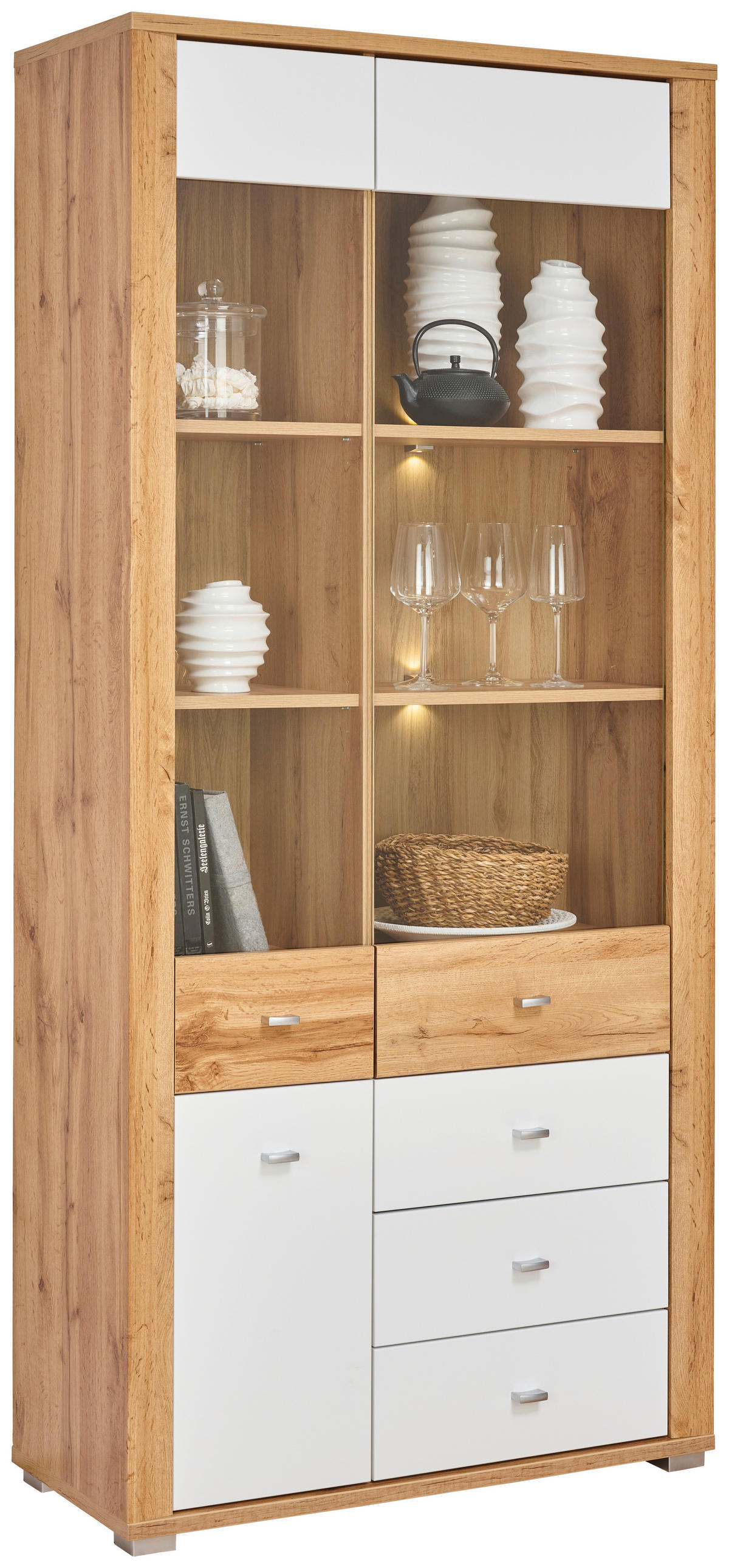 VITRINE in Weiß, Eichefarben  - Chromfarben/Eichefarben, KONVENTIONELL, Glas/Holzwerkstoff (86/193/38cm) - Ti'me