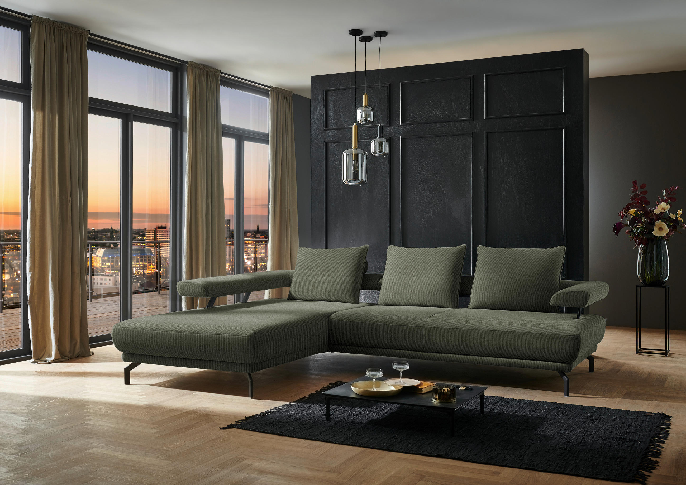 ECKSOFA in Chenille Olivgrün  - Schwarz/Olivgrün, Design, Textil/Metall (224/305cm) - Dieter Knoll