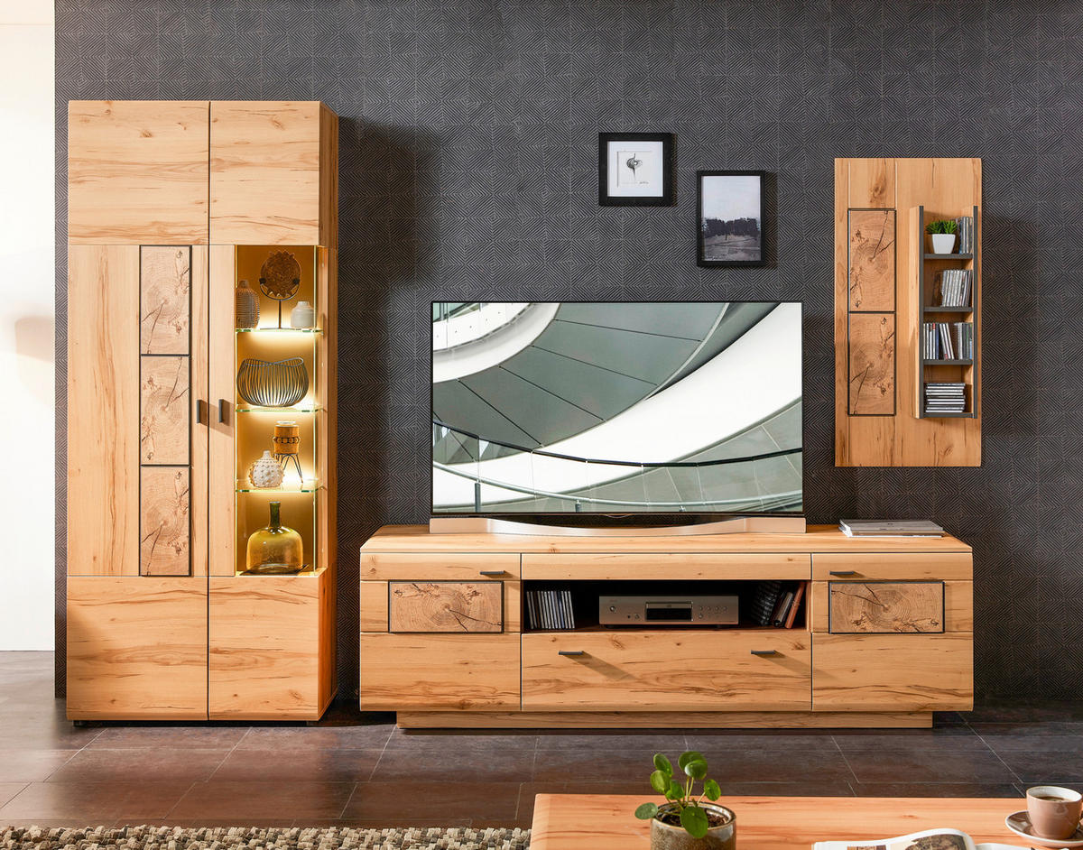 WOHNWAND  in Graphitfarben, Buchefarben  299/201/47 cm  - Buchefarben/Graphitfarben, KONVENTIONELL, Glas/Holzwerkstoff (299/201/47cm) - Xora