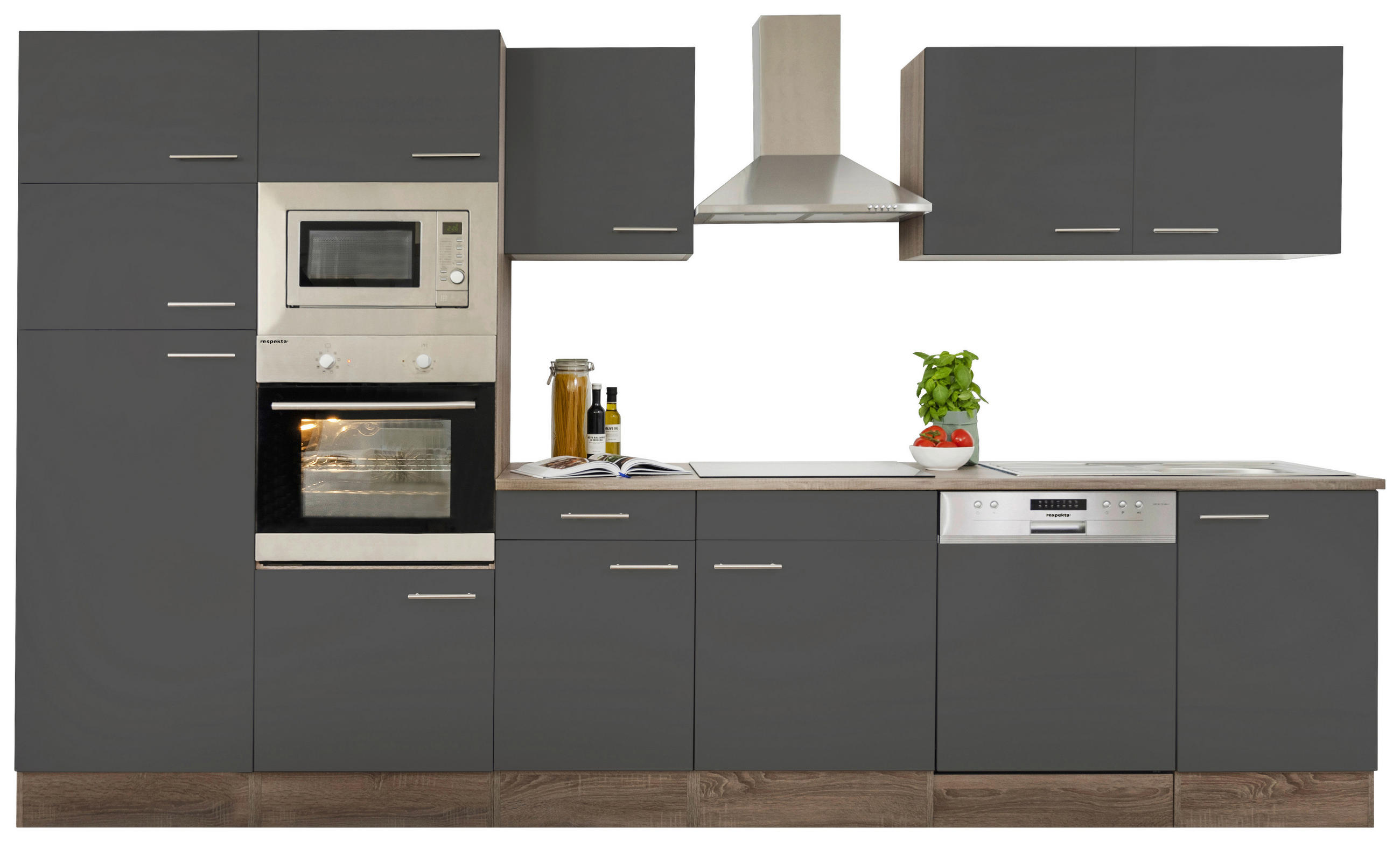 KÜCHENBLOCK 340 cm   in Grau, Eichefarben  - Eichefarben/Grau, MODERN, Holzwerkstoff (340cm) - Respekta