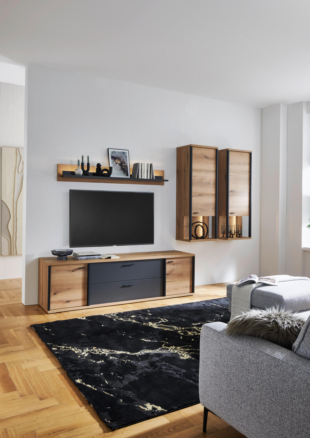 WOHNWAND  in Schwarz, Eichefarben, Dunkelgrau  315/209/50 cm  - Eichefarben/Dunkelgrau, KONVENTIONELL, Glas/Holzwerkstoff (315/209/50cm) - Xora