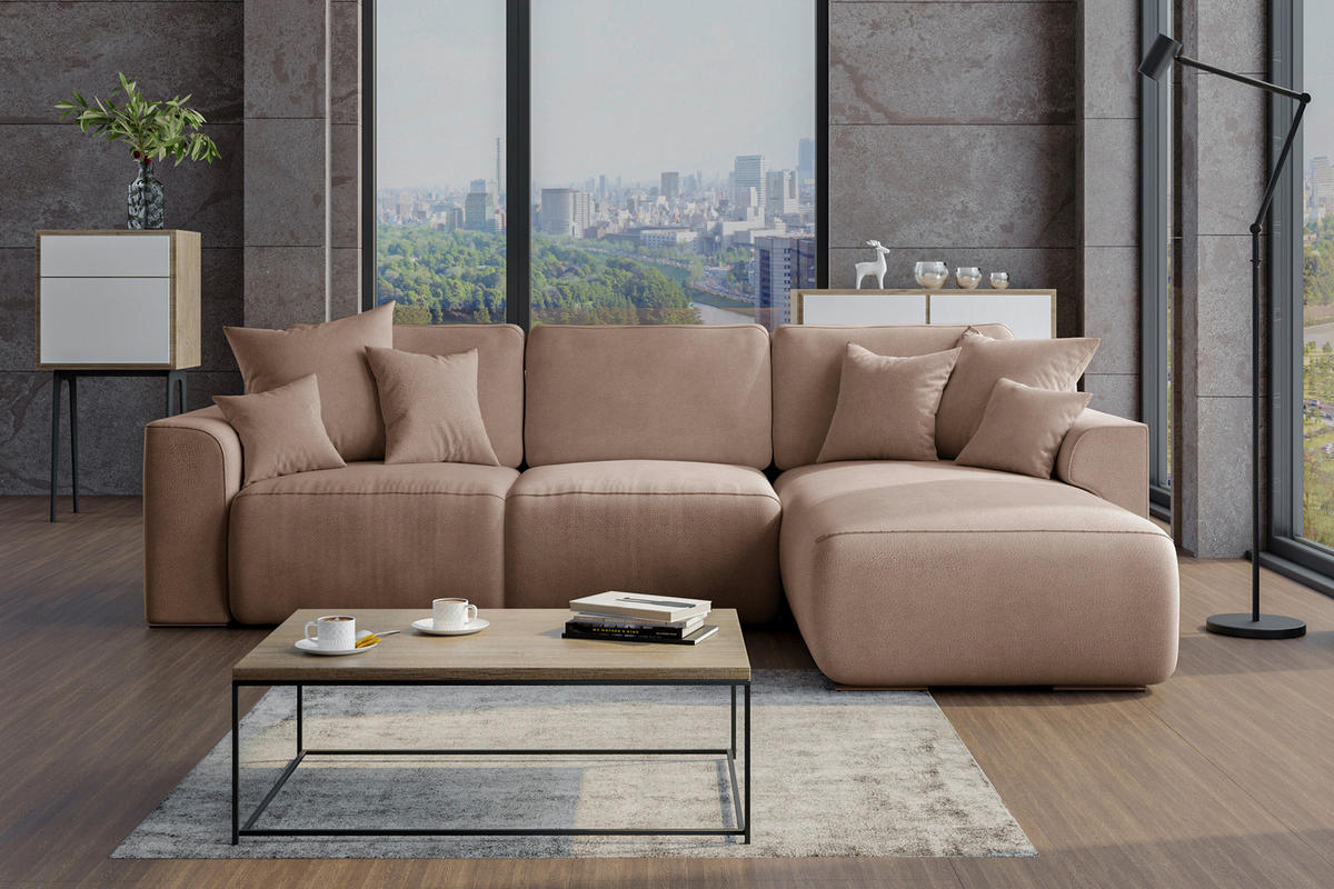 ECKSOFA Cappuccino Lederlook Zierkissen, Rückenkissen, Bettkasten, Schlaffunktion, Rücken echt, Liegefläche im Originalstoff  - Chromfarben/Cappuccino, KONVENTIONELL, Kunststoff/Textil (293/195cm) - Carryhome