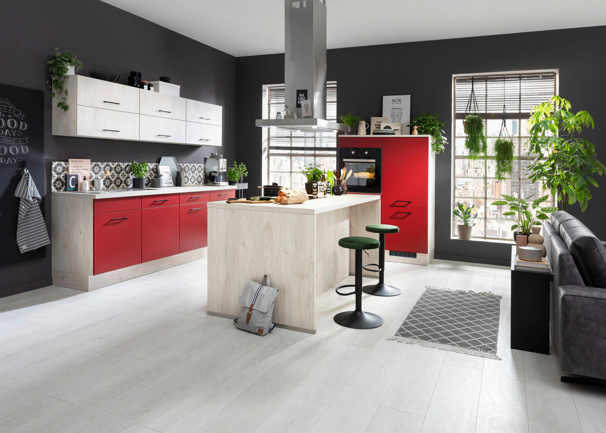 Bucătărie Pe Colț  240+120 cm  - culoare lemn arțar/roșu, Basics, material pe bază de lemn (240+120cm) - Venda