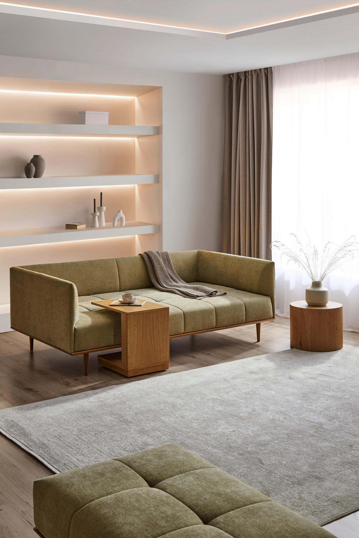 BIGSOFA  in Flachgewebe Grün  - Eichefarben/Grün, Design, Holz/Textil (220/77/120cm) - Joka