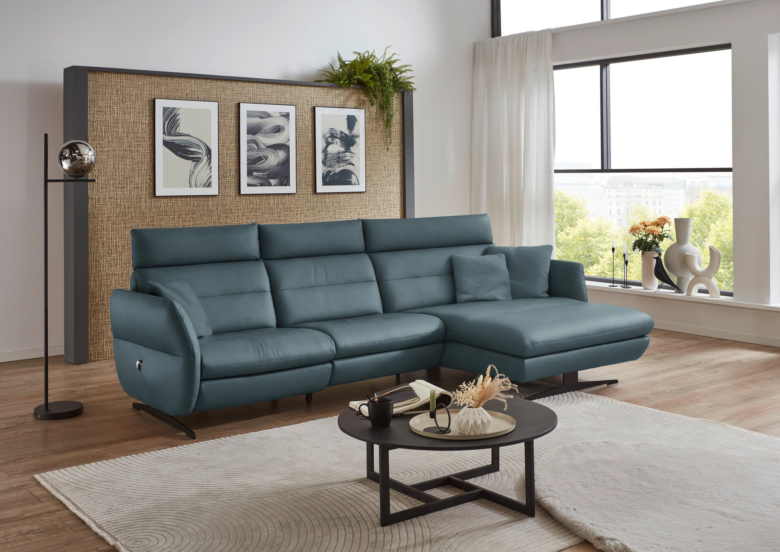 ECKSOFA in Echtleder Blaugrau  - Blaugrau/Schwarz, Design, Leder/Metall (300/157cm) - Dieter Knoll