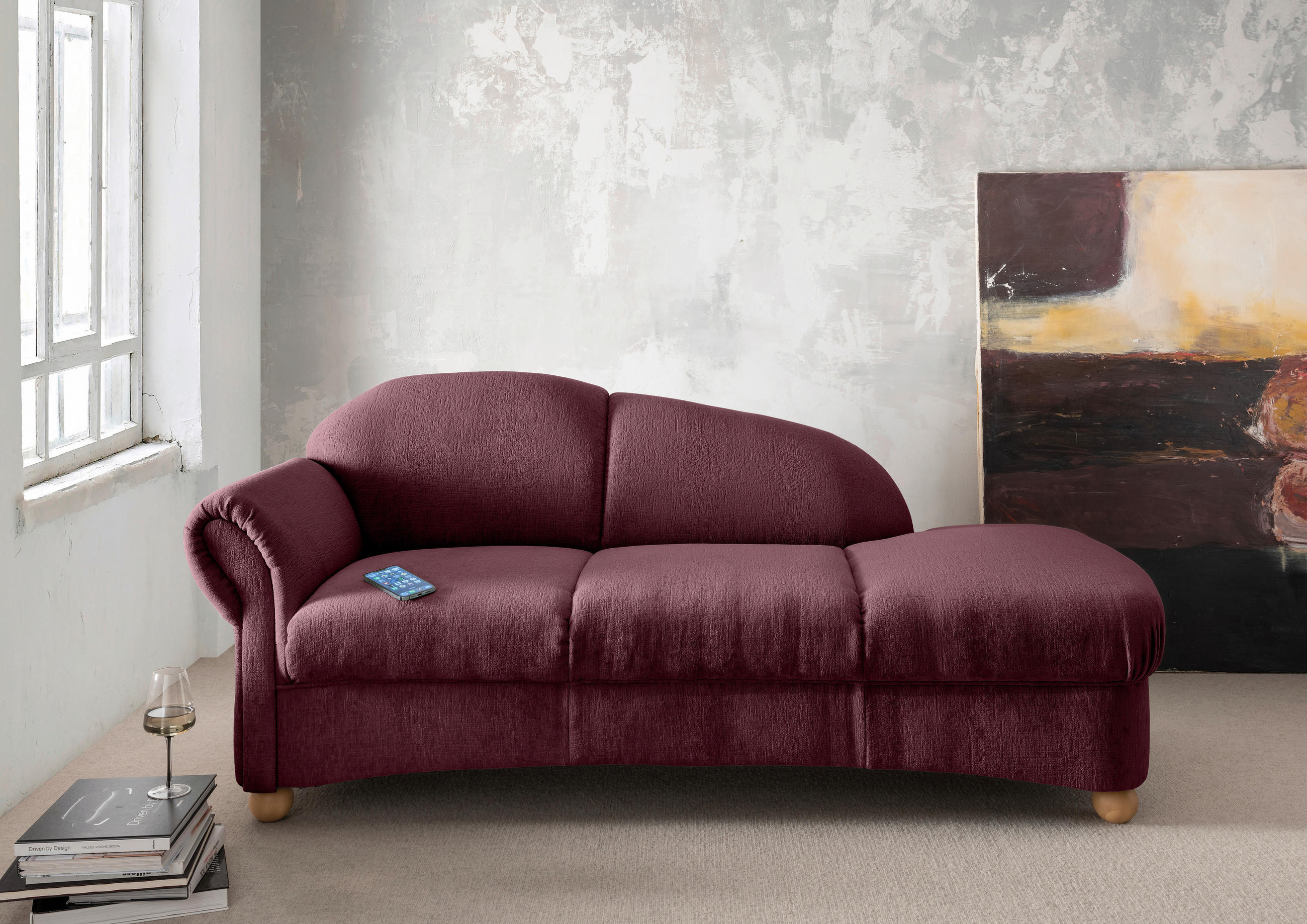 OTTOMANE in Mikrofaser Bordeaux  - Wildeiche/Bordeaux, KONVENTIONELL, Holz/Textil (86/84/190cm) - Livetastic