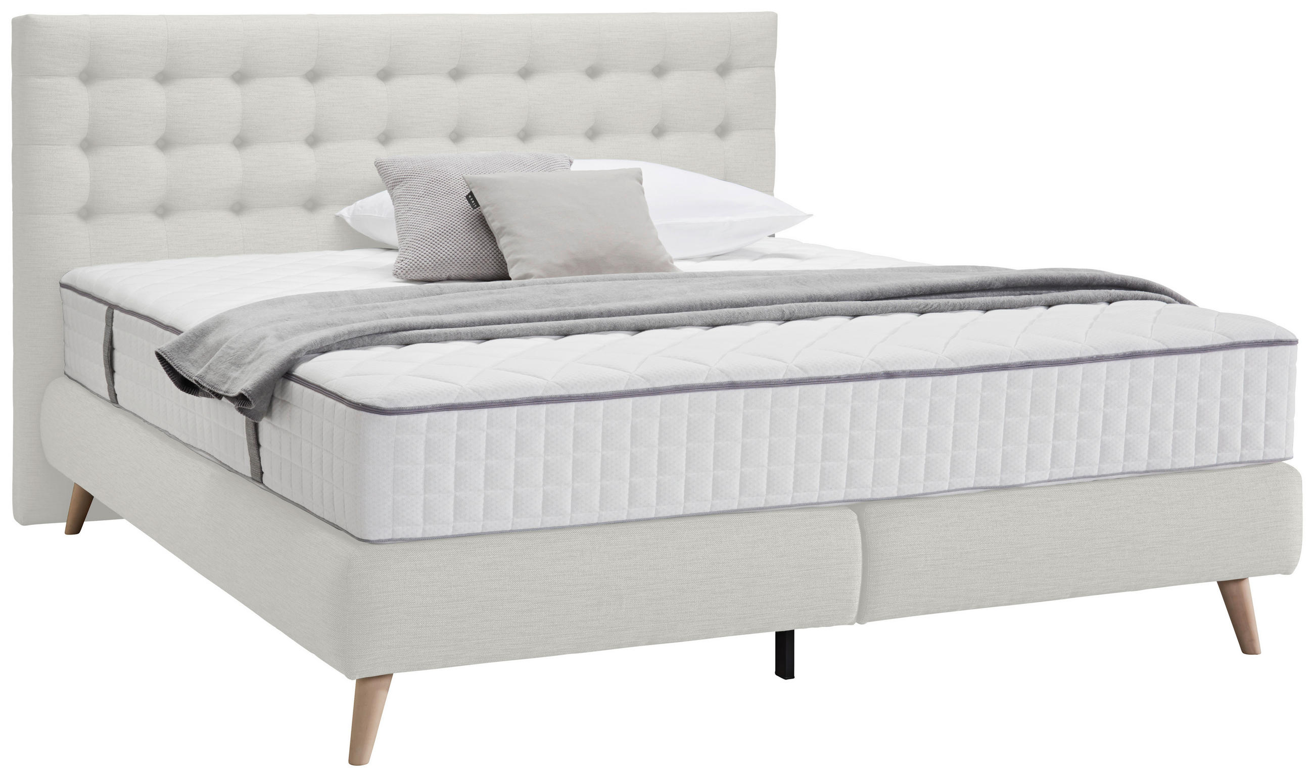 BOXSPRINGBETT 160/200 cm,  in Beige, Matratze, gepolstertes Kopfteil, Topper, H4 = sehr fest  - Beige, Design, Holz/Textil (160/200cm) - Welnova