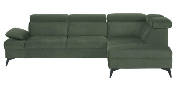 ECKSOFA Dunkelgrün Flachgewebe Rücken echt, Kopfteilverstellung, Sitzvorzug  - Dunkelgrün/Schwarz, MODERN, Textil/Metall (258/210cm) - Landscape