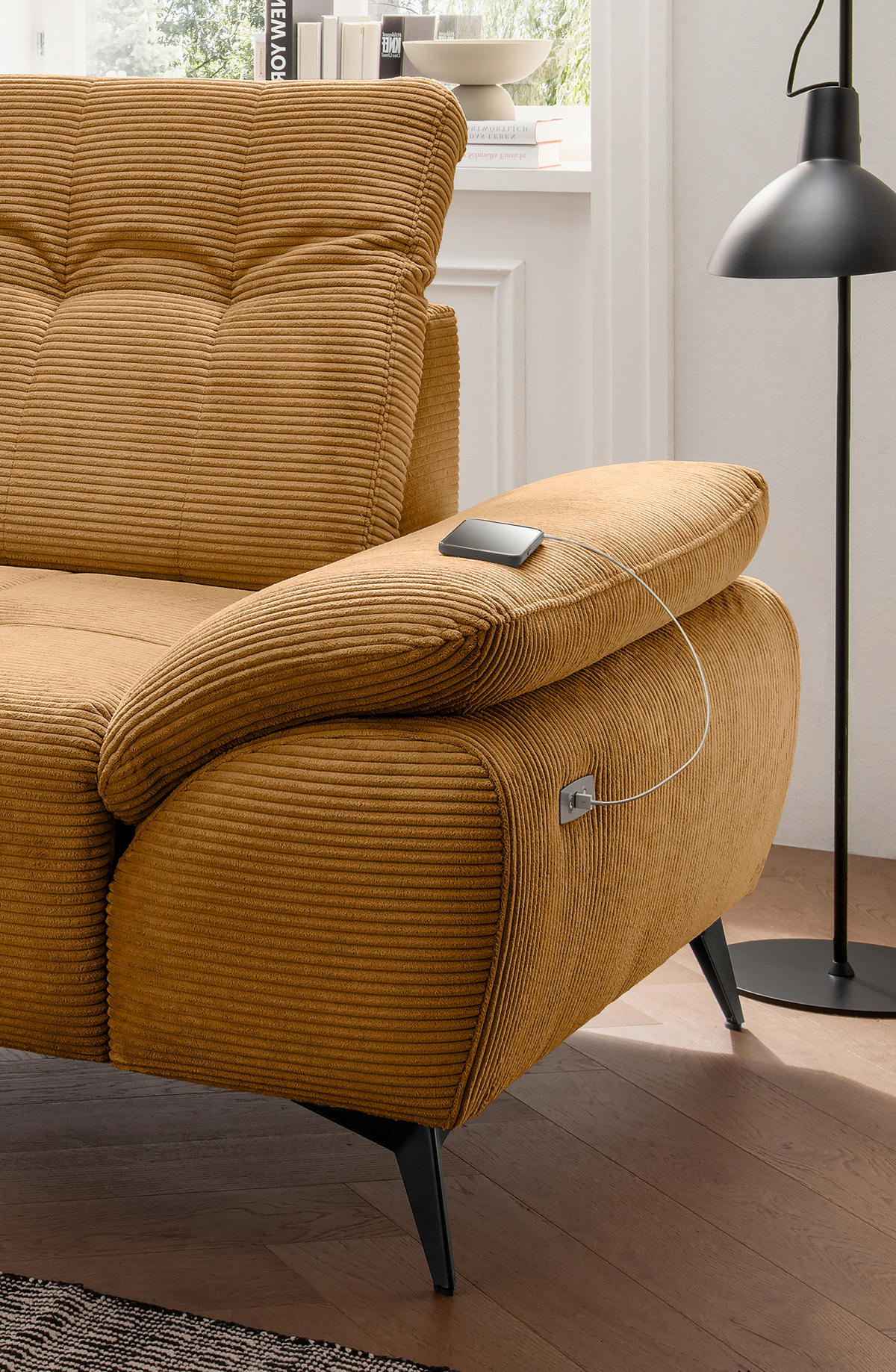 ECKSOFA FIORE in Cord Goldfarben Kopfteilverstellung, Sitzvorzug  180/280 cm  - Goldfarben/Schwarz, MODERN, Textil/Metall (180/280cm) - Livetastic