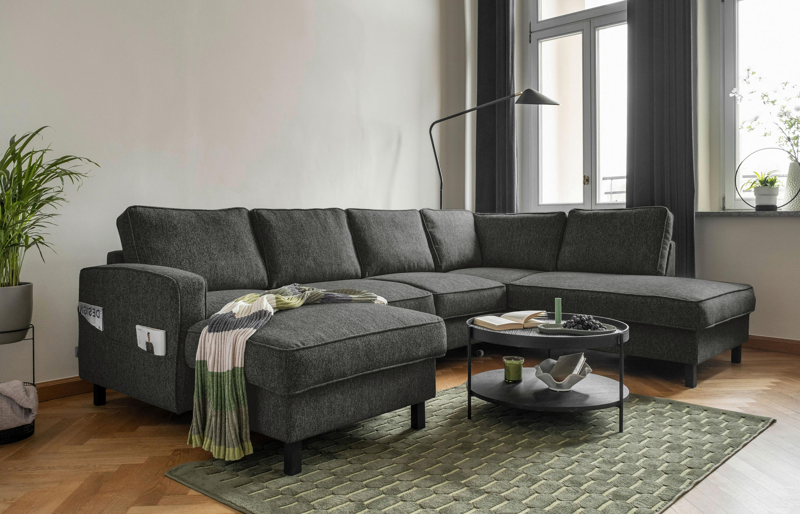 WOHNLANDSCHAFT Dunkelgrau Struktur  - Dunkelgrau/Schwarz, Holz/Textil (148/298/198cm) - MID.YOU
