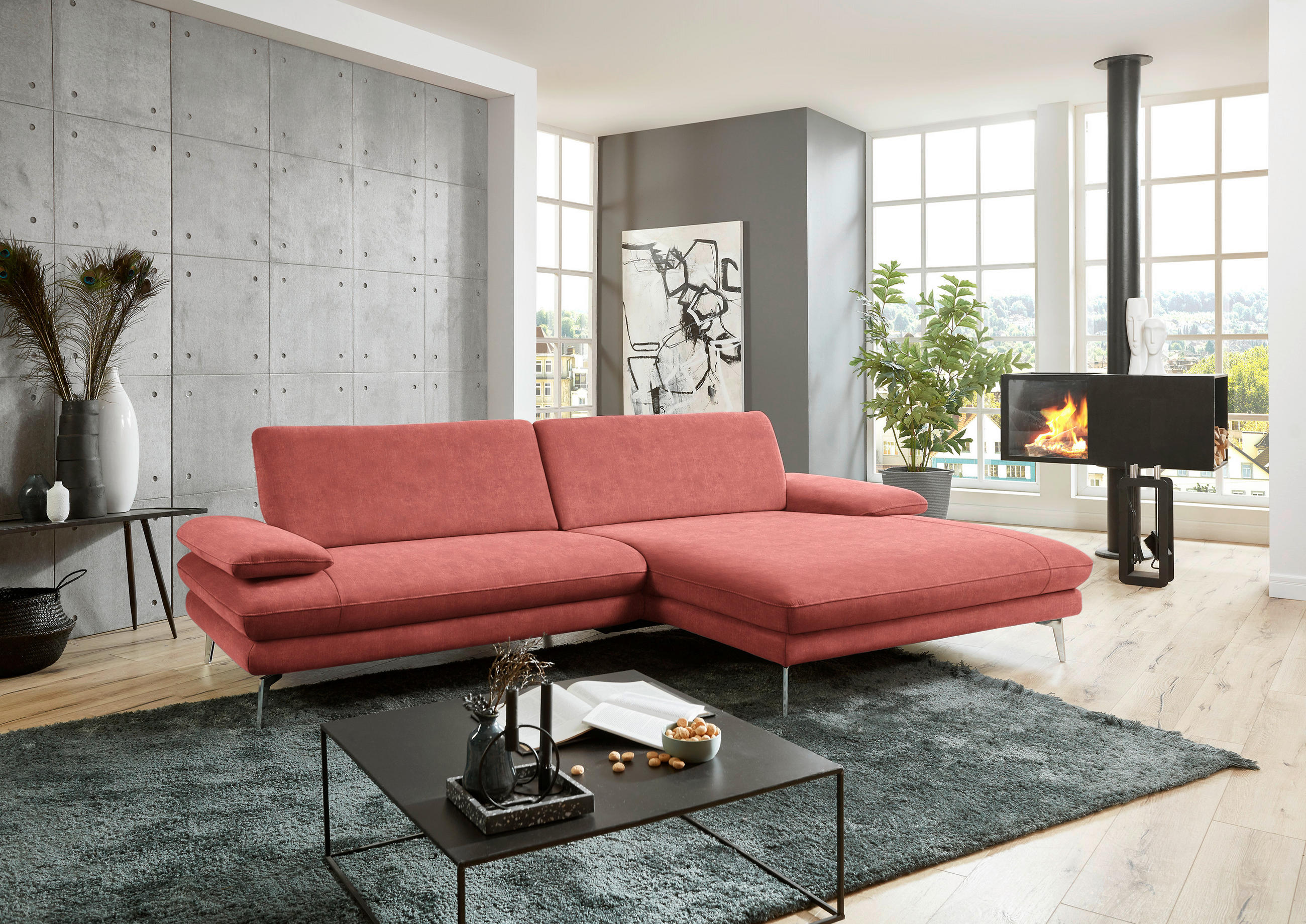 ECKSOFA in Velours Koralle  - Koralle/Schwarz, Design, Textil/Metall (284/184cm) - Dieter Knoll