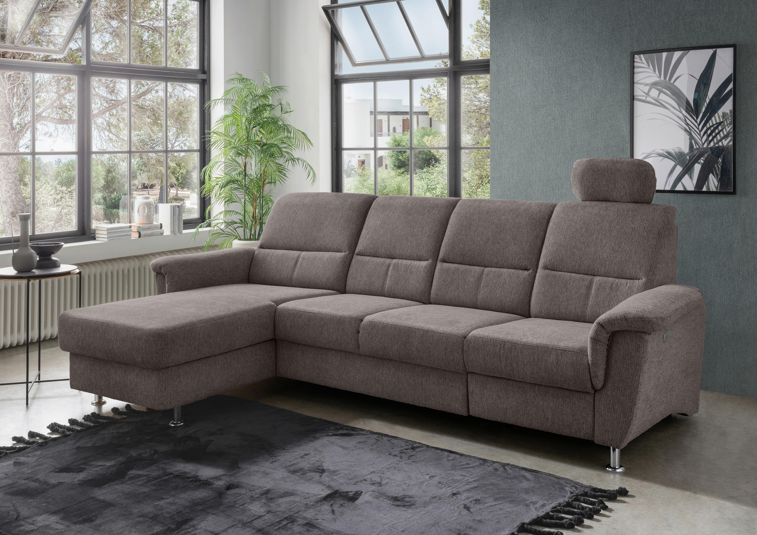 ECKSOFA Graubraun Chenille  - Chromfarben/Graubraun, KONVENTIONELL, Textil/Metall (165/292cm) - Livetastic