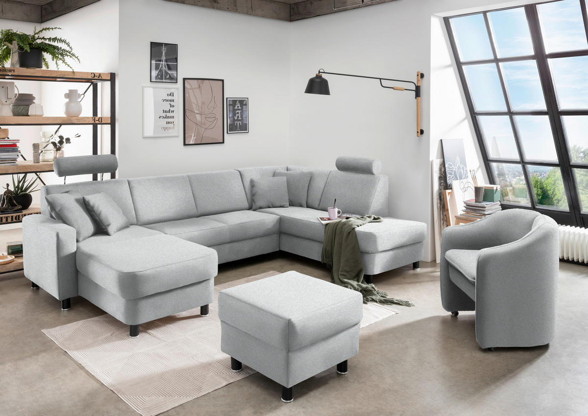 WOHNLANDSCHAFT in Webstoff Hellgrau  - Hellgrau/Schwarz, Design, Holz/Textil (165/296/198cm) - Xora