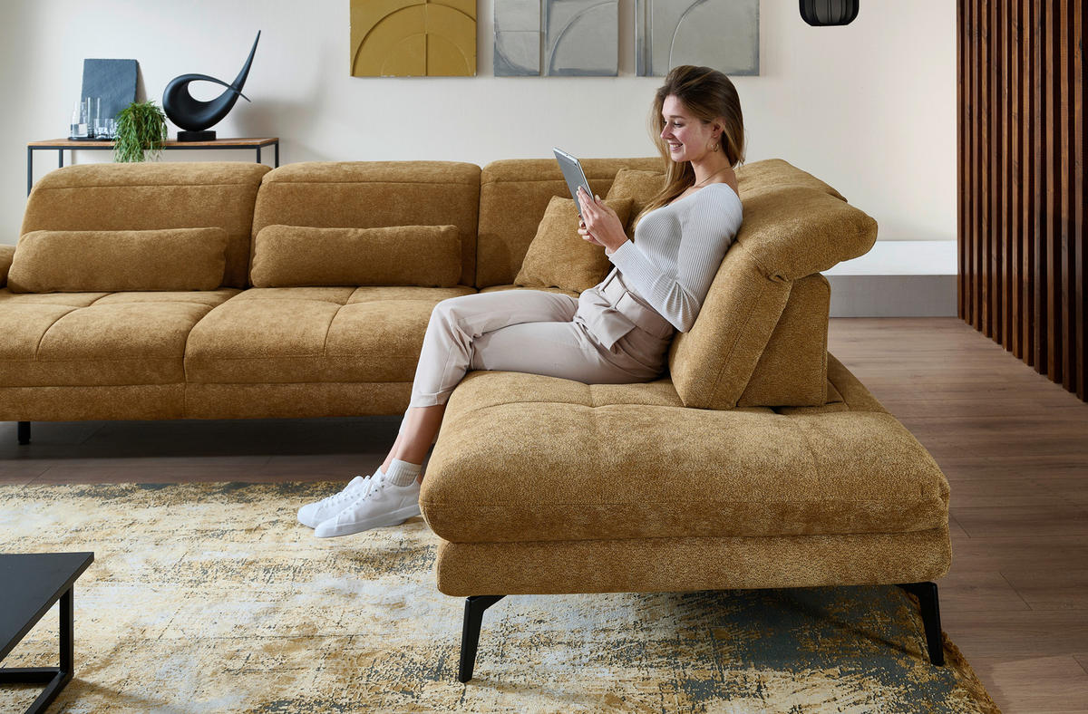 ECKSOFA Beldomo System Dunkelgelb Chenille Rücken echt, Kopfteilverstellung  - Dunkelgelb/Schwarz, Design, Textil/Metall (311/235cm) - Beldomo System