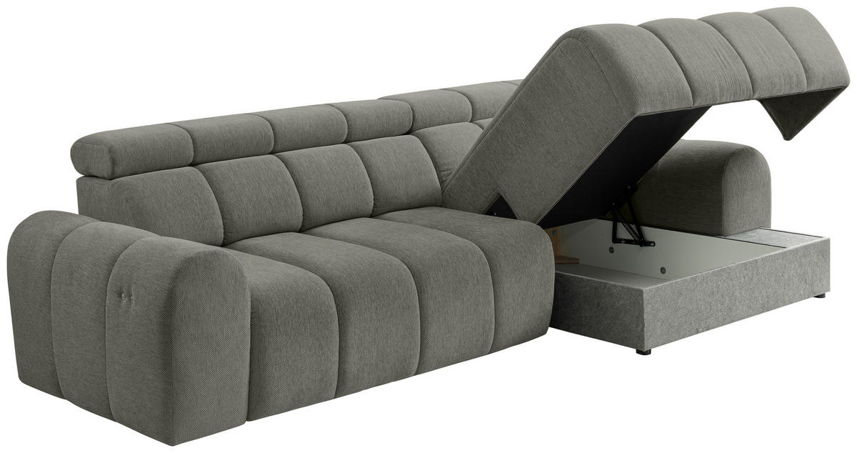 ECKSOFA Grau Chenille Bettkasten, Rücken echt, Kopfteilverstellung, Sitzvorzug  - Schwarz/Grau, Design, Kunststoff/Textil (290/152cm) - Stylife