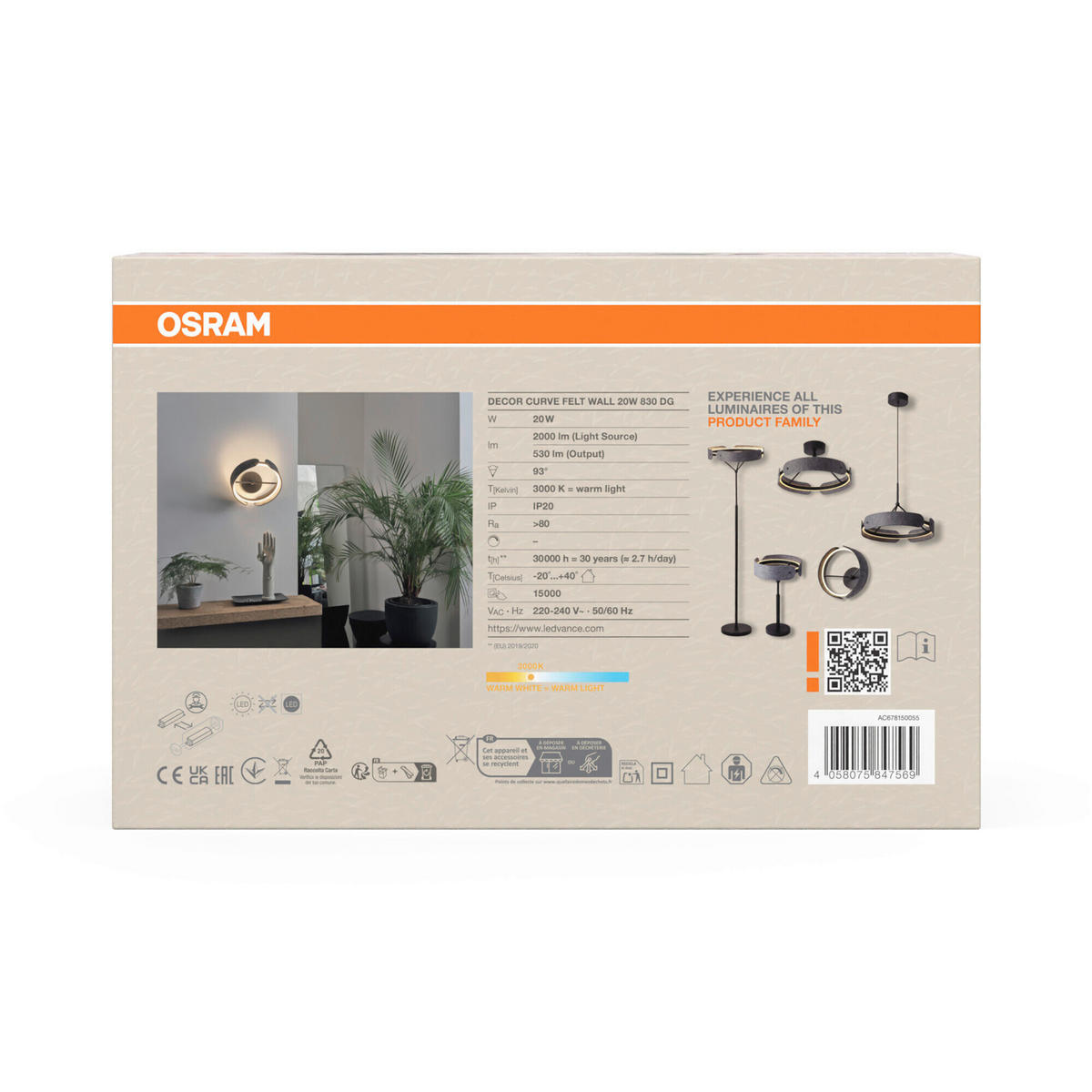 LED-WANDLEUCHTE 27,5/18,5 cm   - Dunkelgrau, Basics, Kunststoff/Textil (27,5/18,5cm) - Osram
