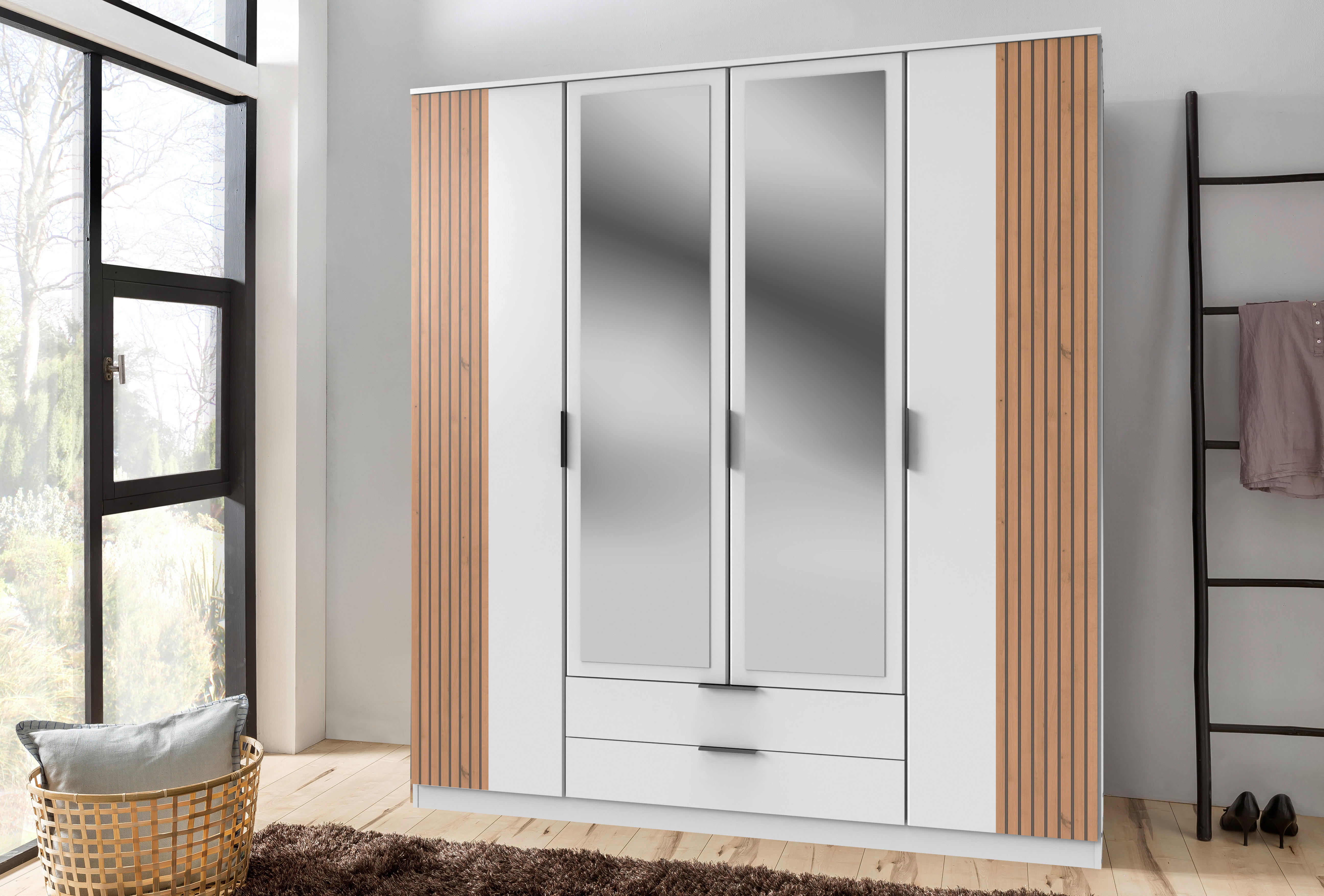 KLEIDERSCHRANK 4-türig Weiß, Eiche Artisan  - Schwarz/Weiß, KONVENTIONELL, Glas/Holzwerkstoff (180/199/58cm) - Boxxx