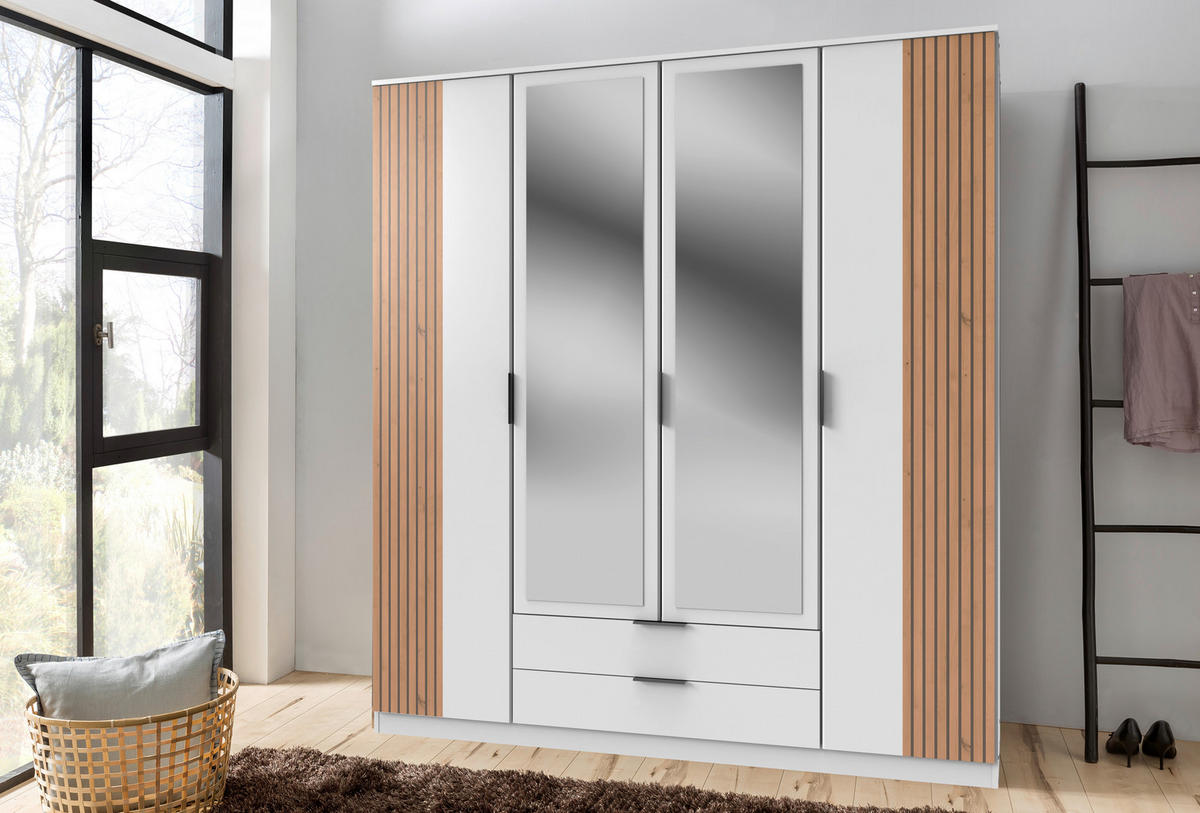 KLEIDERSCHRANK 4-türig Weiß, Eiche Artisan  - Schwarz/Weiß, KONVENTIONELL, Glas/Holzwerkstoff (180/199/58cm) - Boxxx