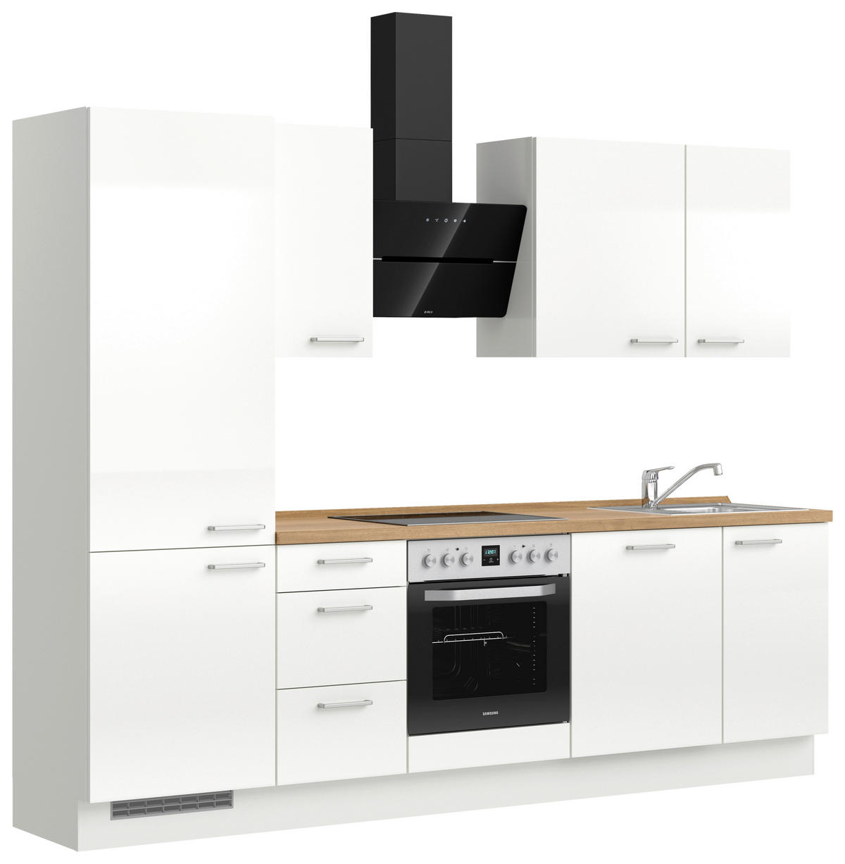 KÜCHENBLOCK 270 cm   in Eichefarben, Weiß Hochglanz  - Edelstahlfarben/Eichefarben, MODERN, Holzwerkstoff/Metall (270cm) - Nobilia