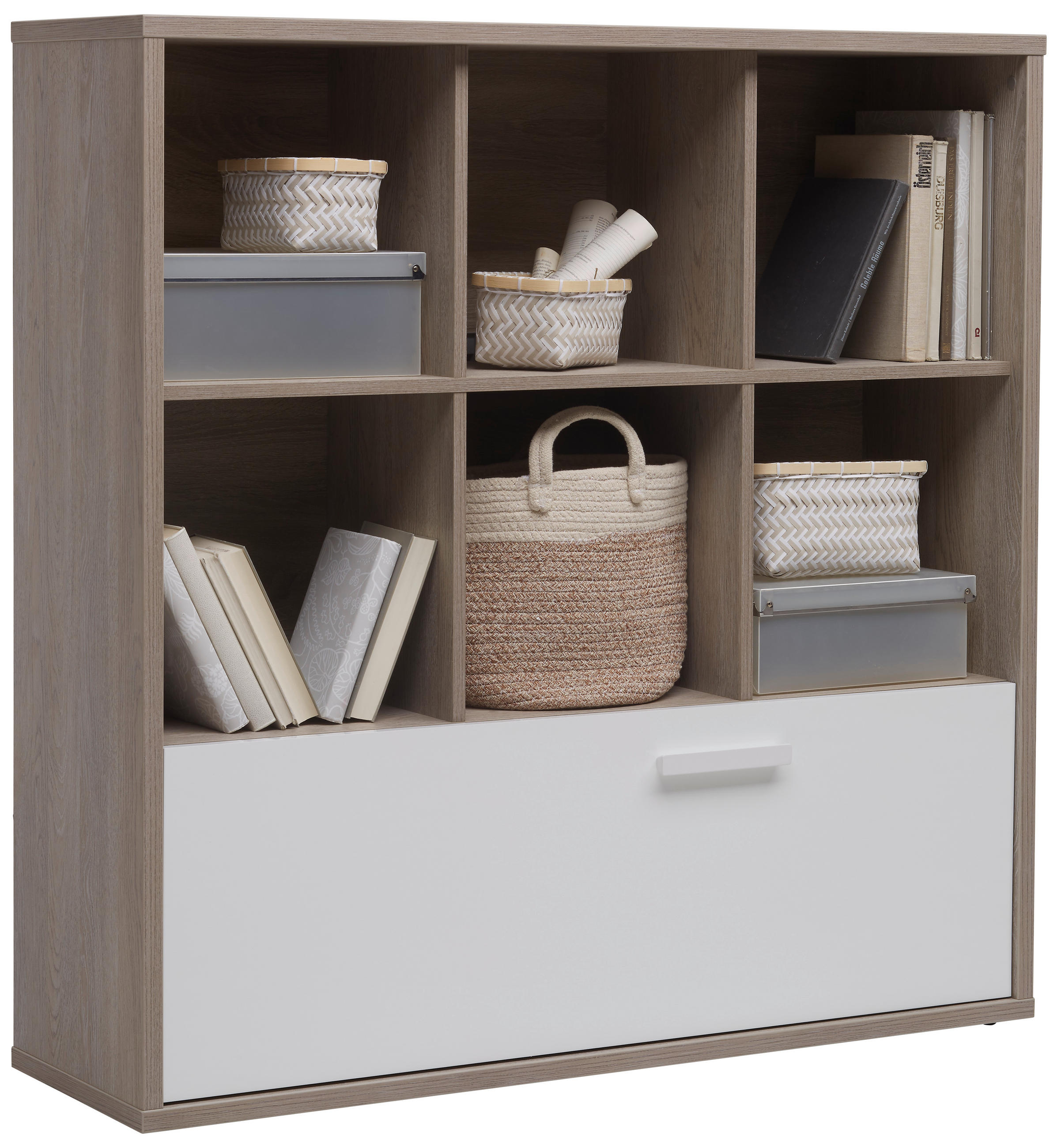 Etajeră, 120/121/35,7 cm, alb, culoare lemn stejar,  - alb/culoare lemn stejar, Konventionell, material pe bază de lemn (120/121/35,7cm) - Xora