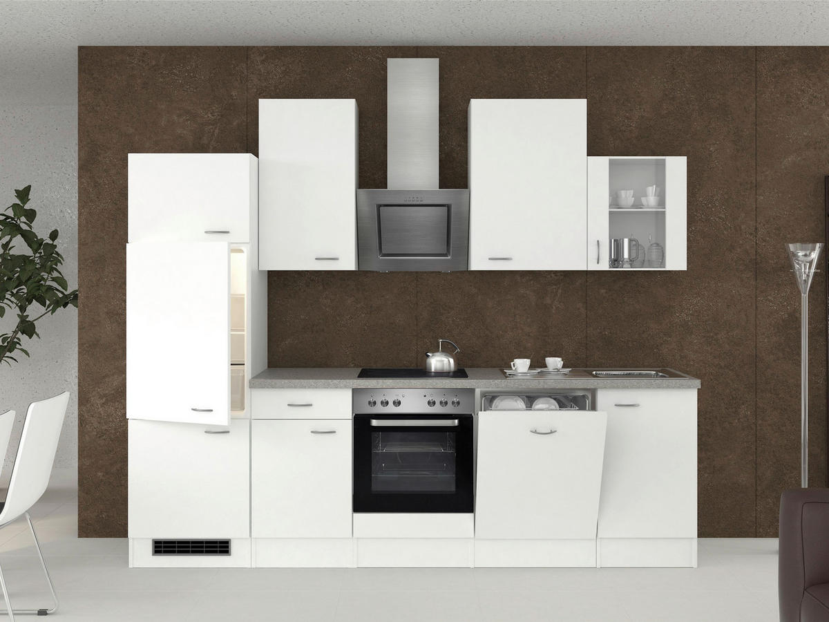 KÜCHENBLOCK 280 cm   in Weiß  - Edelstahlfarben/Hellgrau, MODERN, Glas/Holzwerkstoff (280cm) - FlexWell