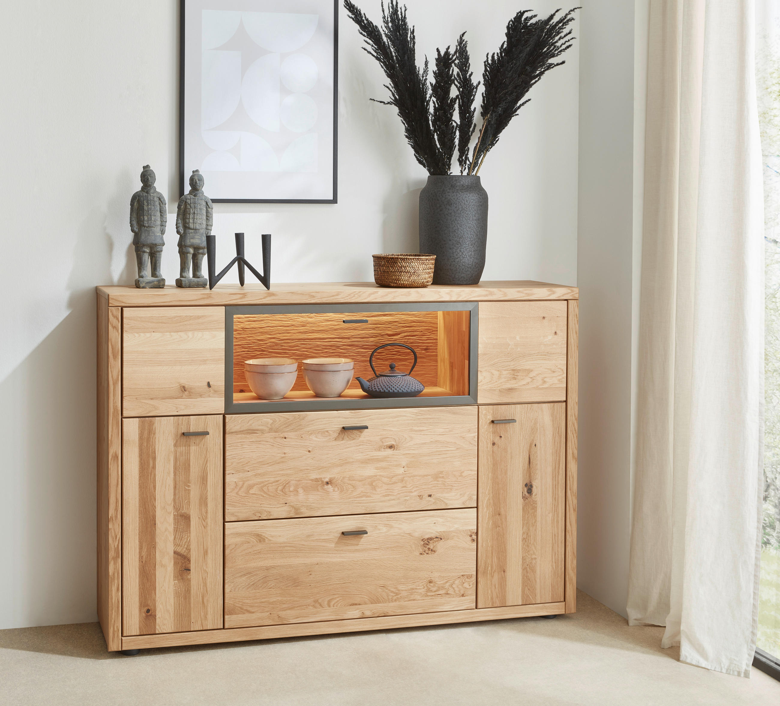 HIGHBOARD Eichefarben, Dunkelgrau  148/106/37 cm  - Wildeiche/Dunkelgrau, Design, Glas/Holz (148/106/37cm) - Valnatura