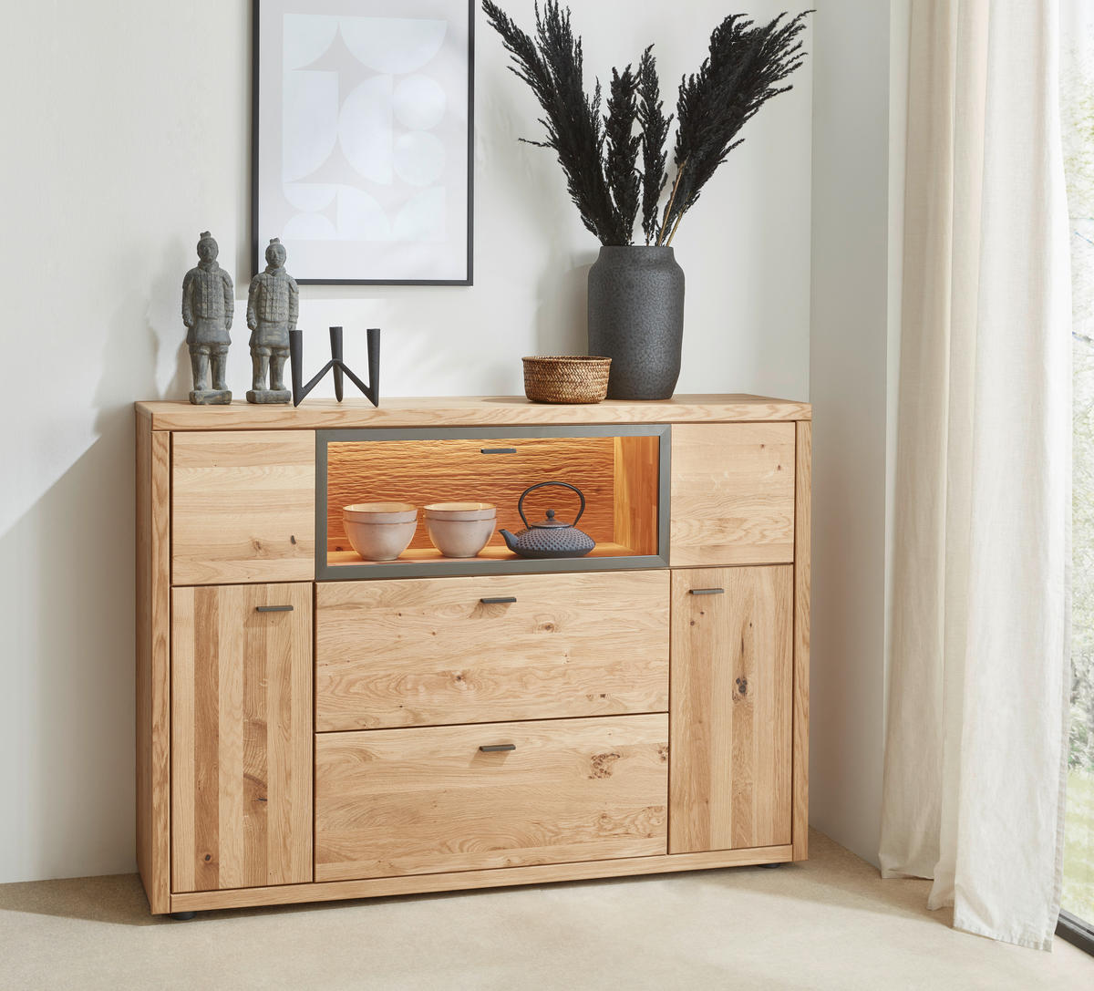 HIGHBOARD Eichefarben, Dunkelgrau  148/106/37 cm  - Wildeiche/Dunkelgrau, Design, Glas/Holz (148/106/37cm) - Valnatura