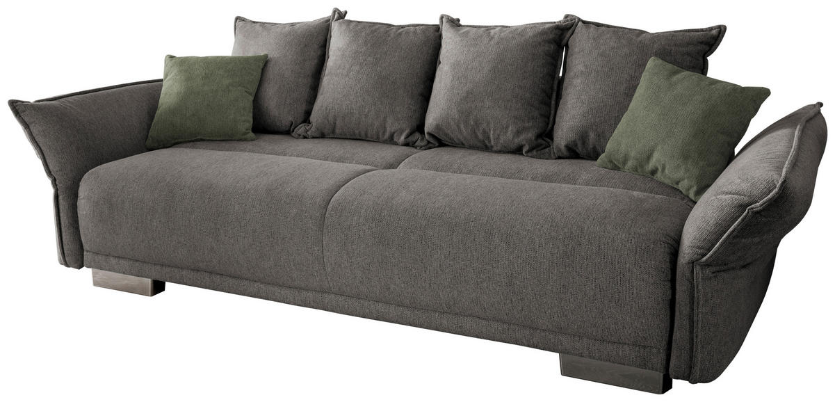 BIGSOFA in Chenille Graubraun  - Chromfarben/Dunkelgrün, Modern, Kunststoff/Textil (242/71/90/131cm) - Livetastic