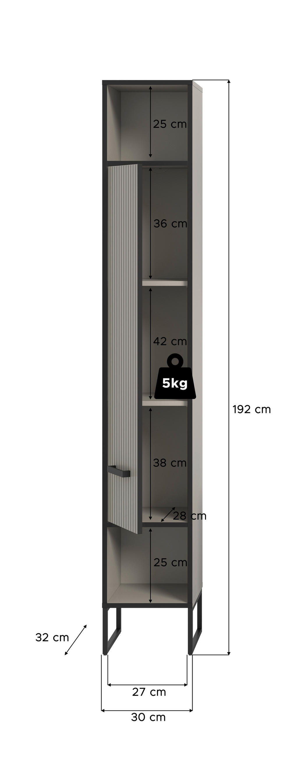 HOCHSCHRANK 30/192/32 cm  - Kaschmir/Schwarz, MODERN, Holzwerkstoff/Metall (30/192/32cm) - MID.YOU