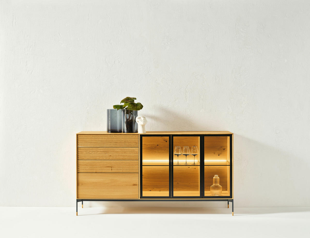 SIDEBOARD Eichefarben  196,5/102,6/47 cm  - Eichefarben/Schwarz, Design, Glas/Holz (196,5/102,6/47cm) - Anrei