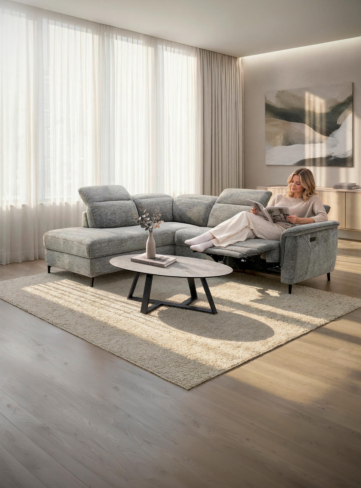 ECKSOFA Grau Chenille Relaxfunktion, Kopfteilverstellung, Stauraum  - Schwarz/Grau, Design, Textil/Metall (220/266cm) - Xora