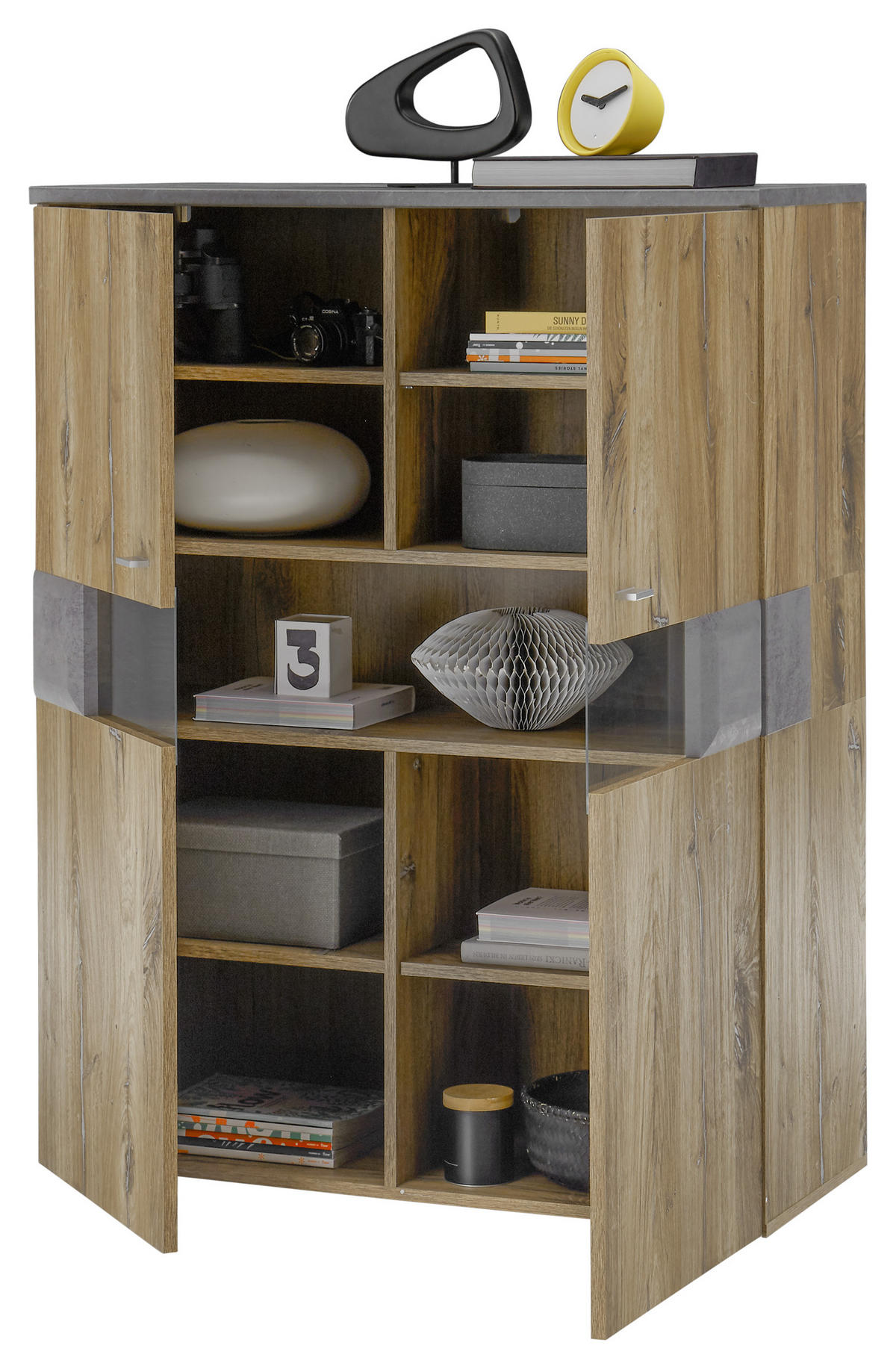 HIGHBOARD  in 100/128/42 cm  - Dunkelgrau/Eichefarben, KONVENTIONELL, Glas/Holzwerkstoff (100/128/42cm) - MID.YOU