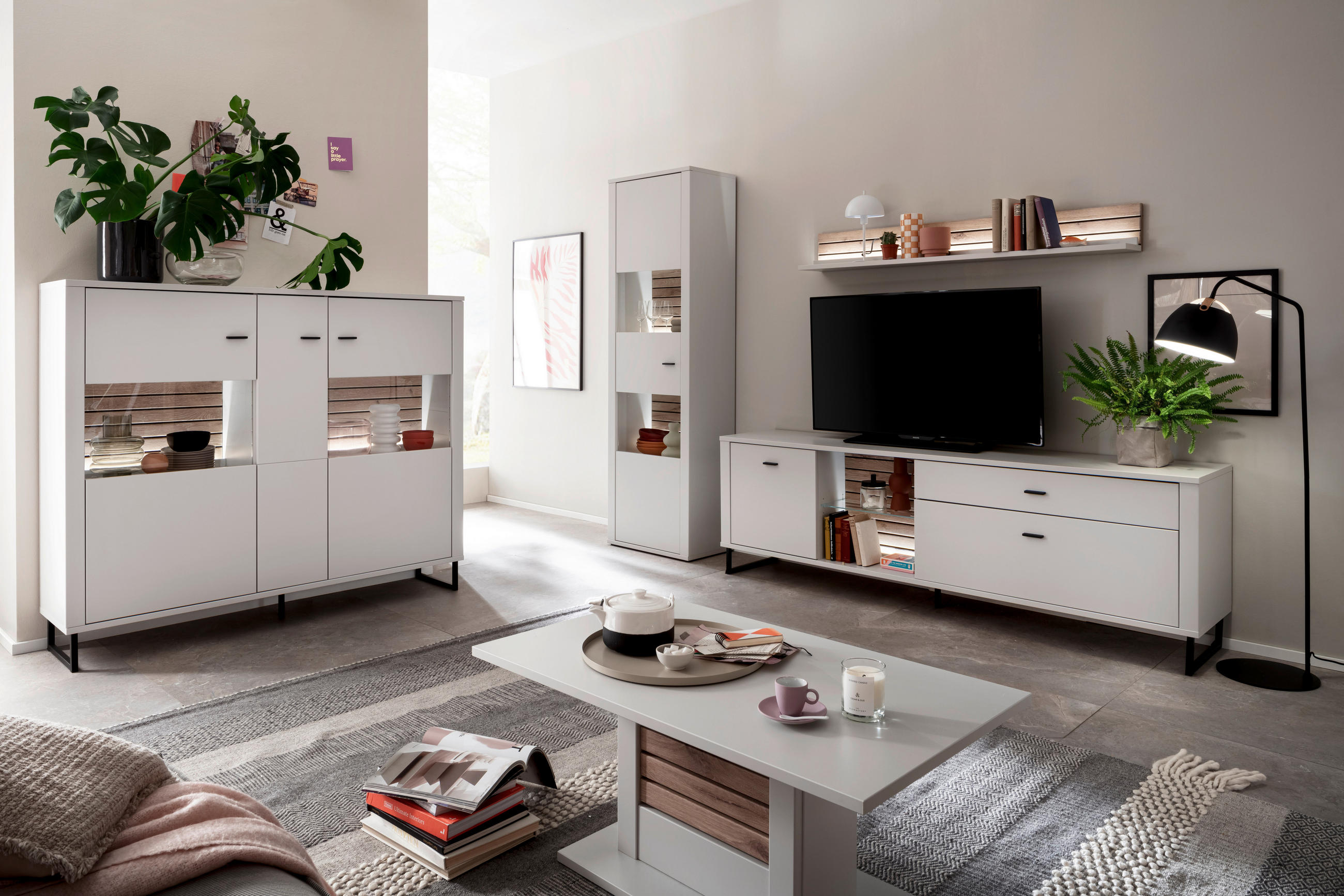 WOHNWAND  in Weiß, Eichefarben  287/206/44 cm  - Eichefarben/Anthrazit, Design, Glas/Holzwerkstoff (287/206/44cm) - Stylife