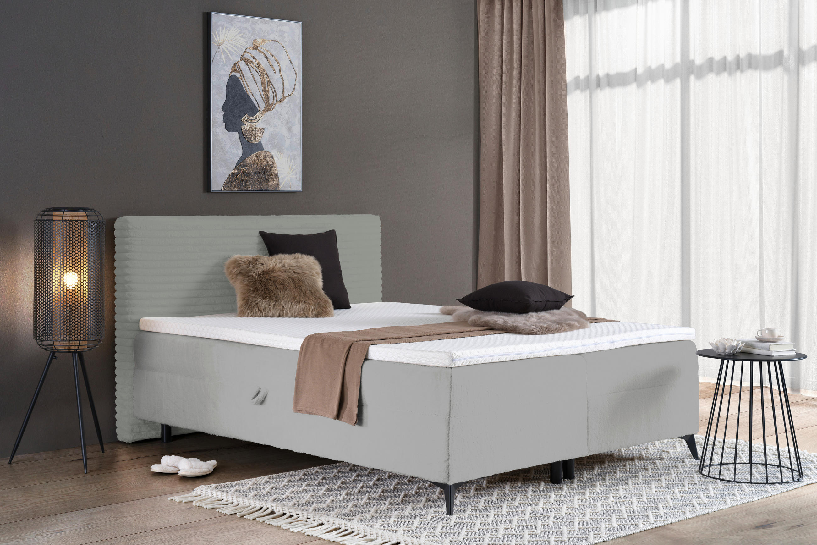 Thumbnail - Xora Boxbett, Grau, Textil, Kiefer, massiv, H3, Höhe ca. 15 cm, 160x200 cm, Bettkasten, gepolstertes Kopfteil, Topper du...