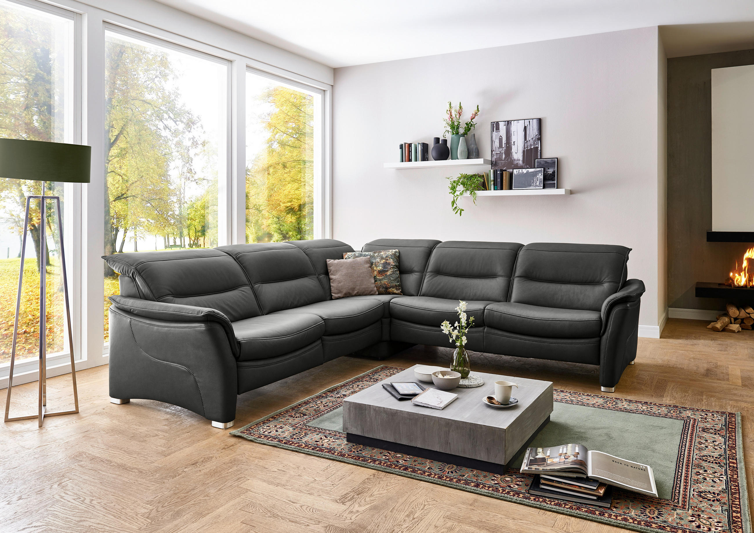 ECKSOFA inkl. Funktionen Schwarz Echtleder  - Alufarben/Schwarz, Design, Leder/Metall (277/277cm) - Valdera