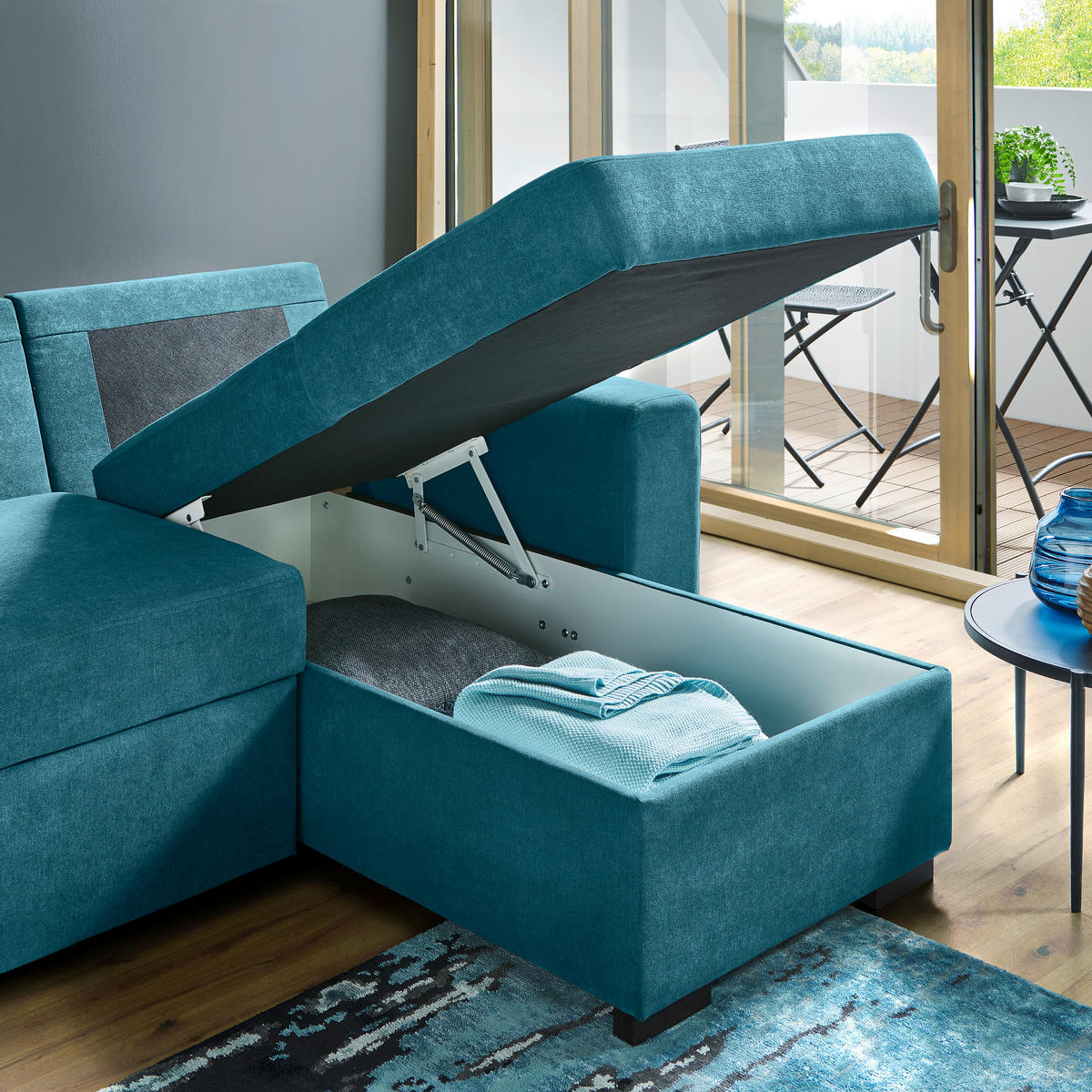 ECKSOFA inkl.Funktionen Petrol Webstoff  - Petrol/Schwarz, Design, Textil (245/160cm) - Xora