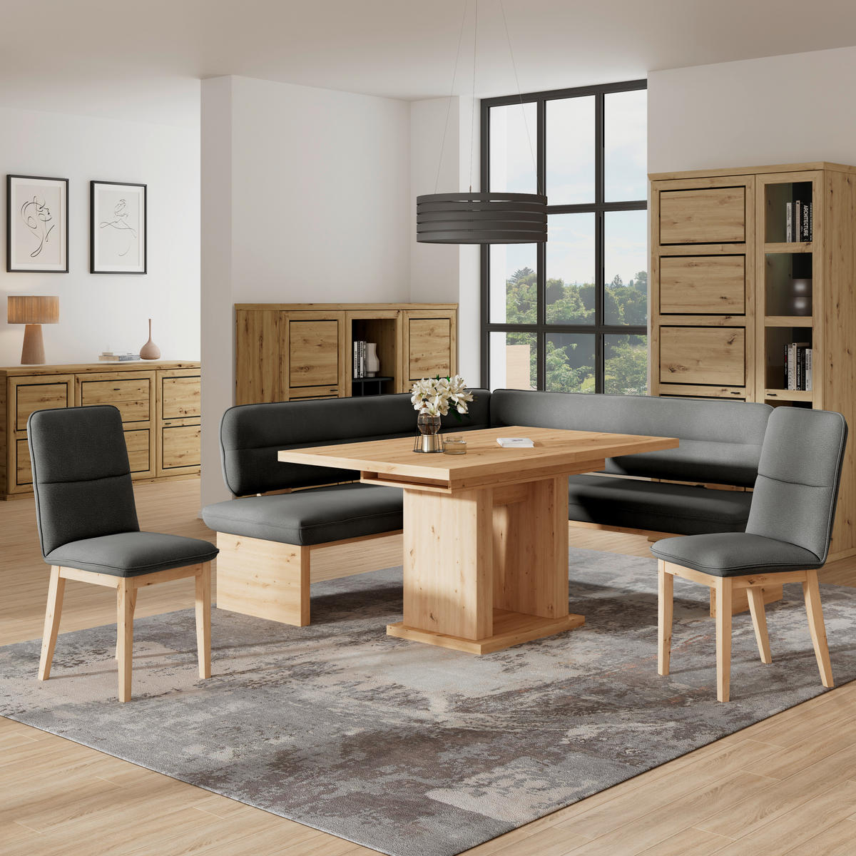 ECKBANK 212/170 cm Webstoff Schwarz Eiche Sperrholz   - Eichefarben/Schwarz, KONVENTIONELL, Holz/Textil (212/170cm) - Livetastic