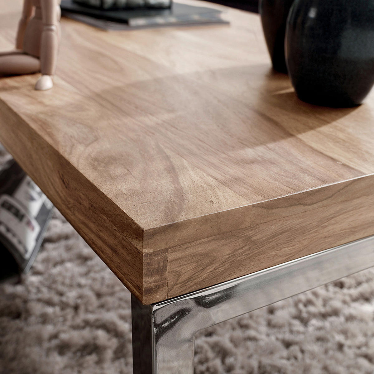 COUCHTISCH Akazie massiv 120/60/40 cm rechteckig Akaziefarben  - Chromfarben/Akaziefarben, Design, Holz/Metall (120/60/40cm) - MID.YOU