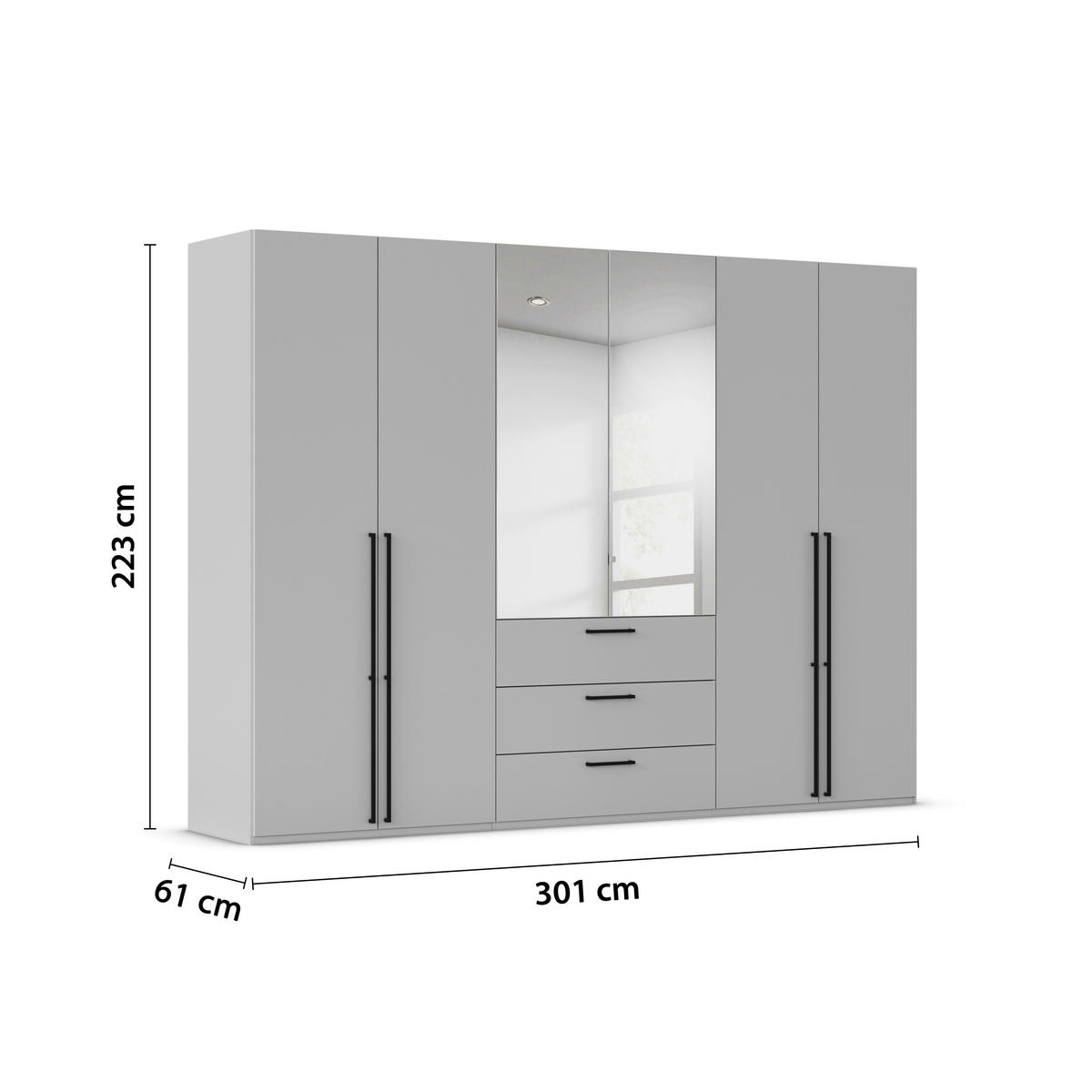 DREHTÜRENSCHRANK 301/223/61 cm,  in Weiß, 6-türig  - Chromfarben/Schwarz, Basics, Glas/Holzwerkstoff (301/223/61cm) - Novel