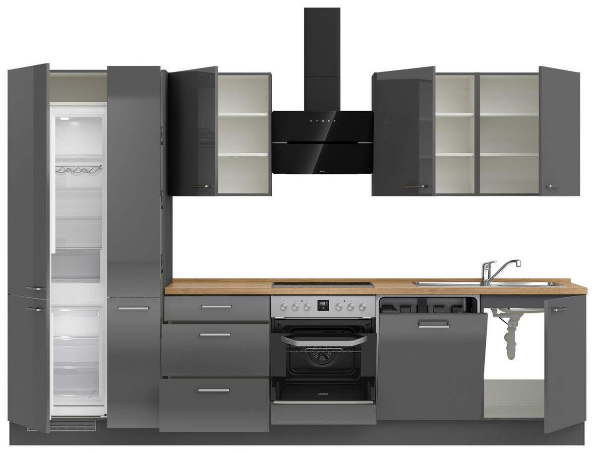 KÜCHENBLOCK 330 cm   in Eichefarben, Schieferfarben  - Schieferfarben/Edelstahlfarben, MODERN, Holzwerkstoff/Metall (330cm) - Nobilia