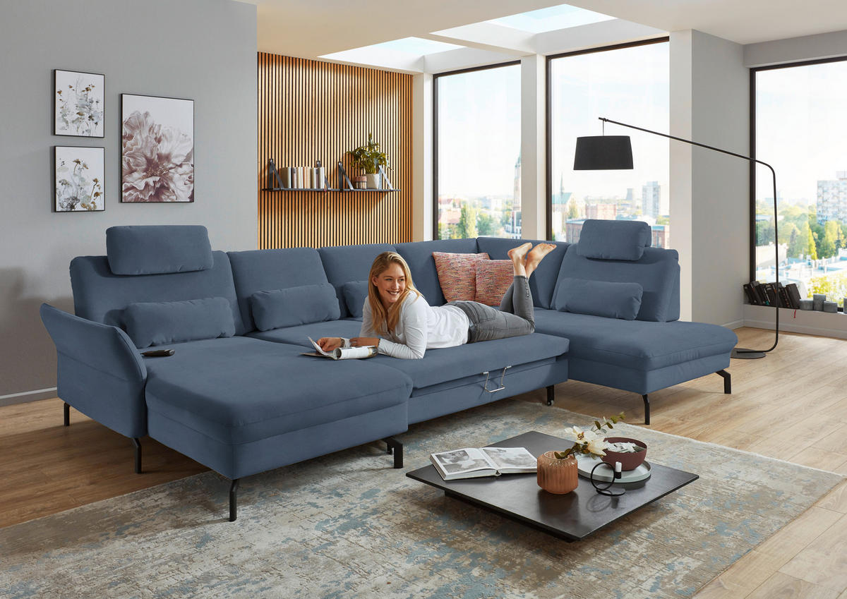 WOHNLANDSCHAFT in Velours Hellblau  - Schwarz/Hellblau, Design, Textil/Metall (179/335/220cm) - Beldomo System