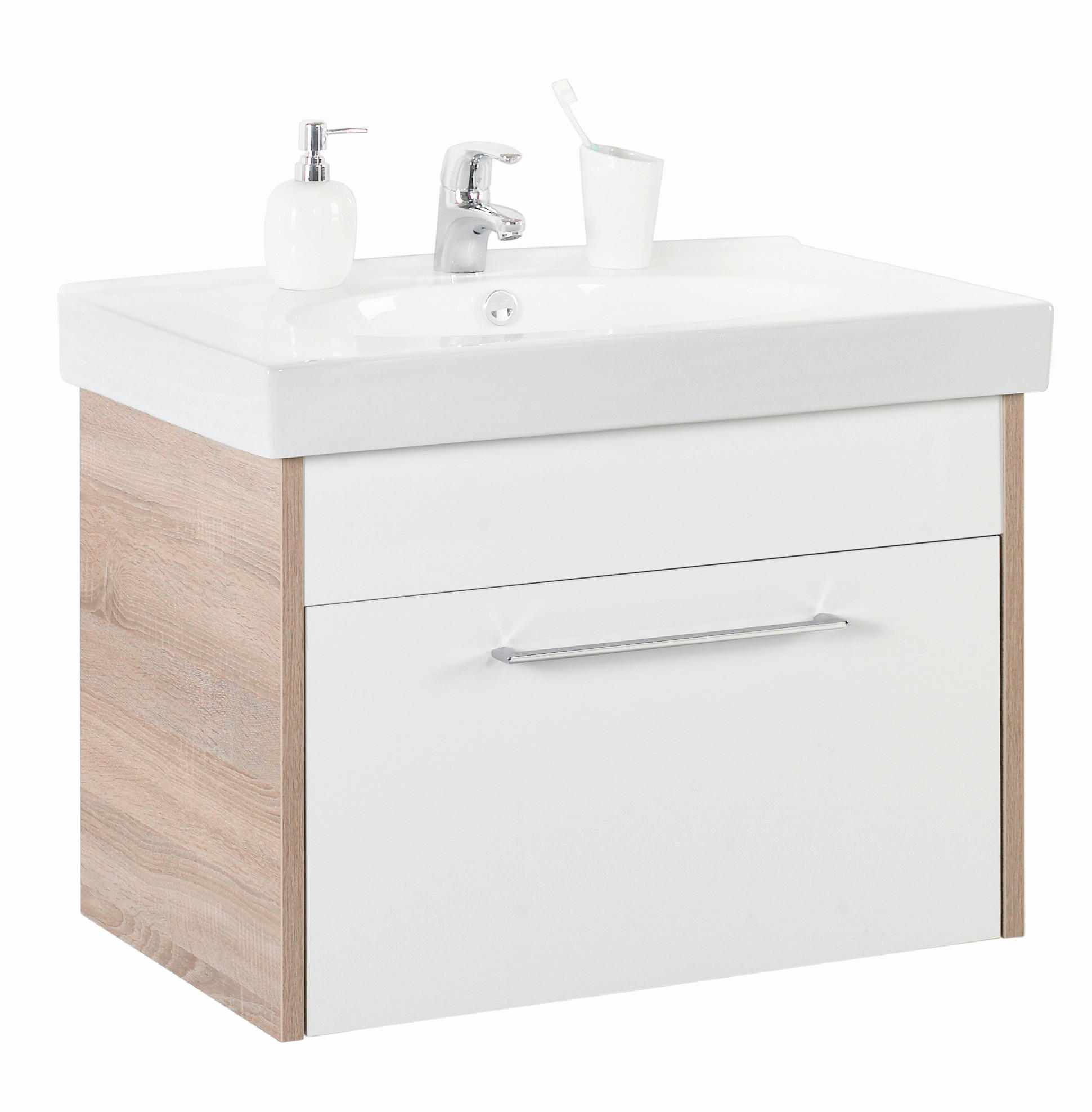 SPODNÁ UMÝVADLOVÁ SKRINKA, farba duba - biela s vysokým leskom/farba duba, Design, kov/kompozitné drevo (75/51,5/47cm) - Xora