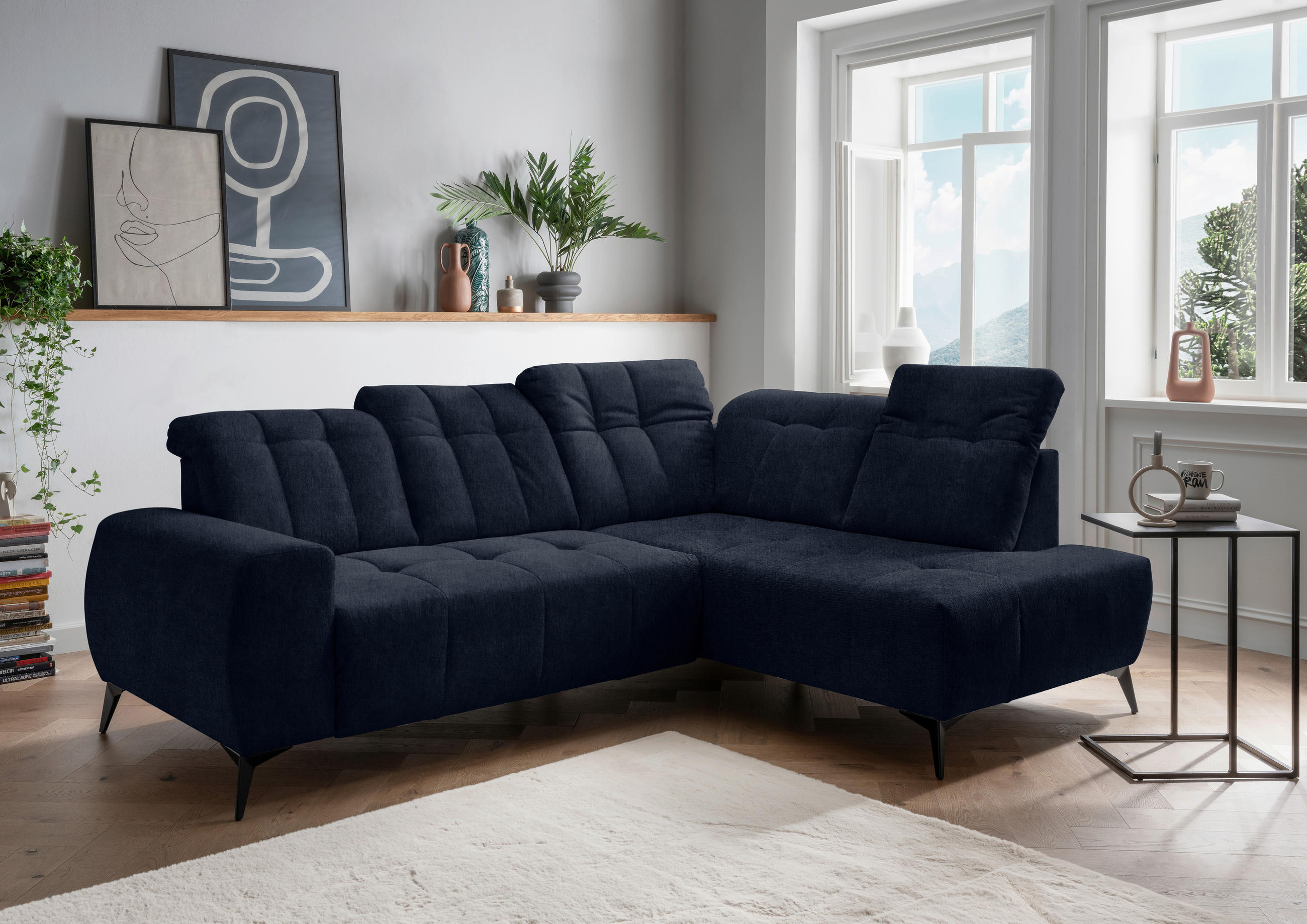 ECKSOFA in Mikrofaser Dunkelblau - Schwarz/Dunkelblau, Modern, Textil/Metall (261/200cm) - Livetastic