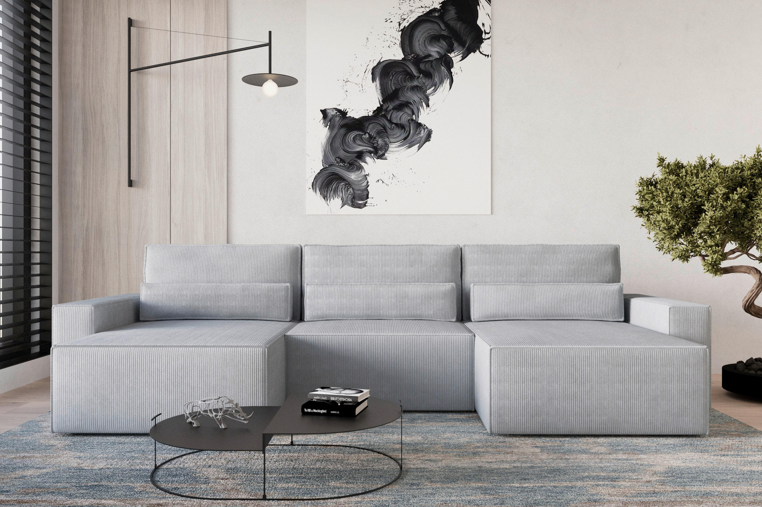 WOHNLANDSCHAFT BRAZIL MINI U Hellgrau Cord  - Hellgrau/Schwarz, Design, Kunststoff/Textil (162/350/162cm) - MID.YOU