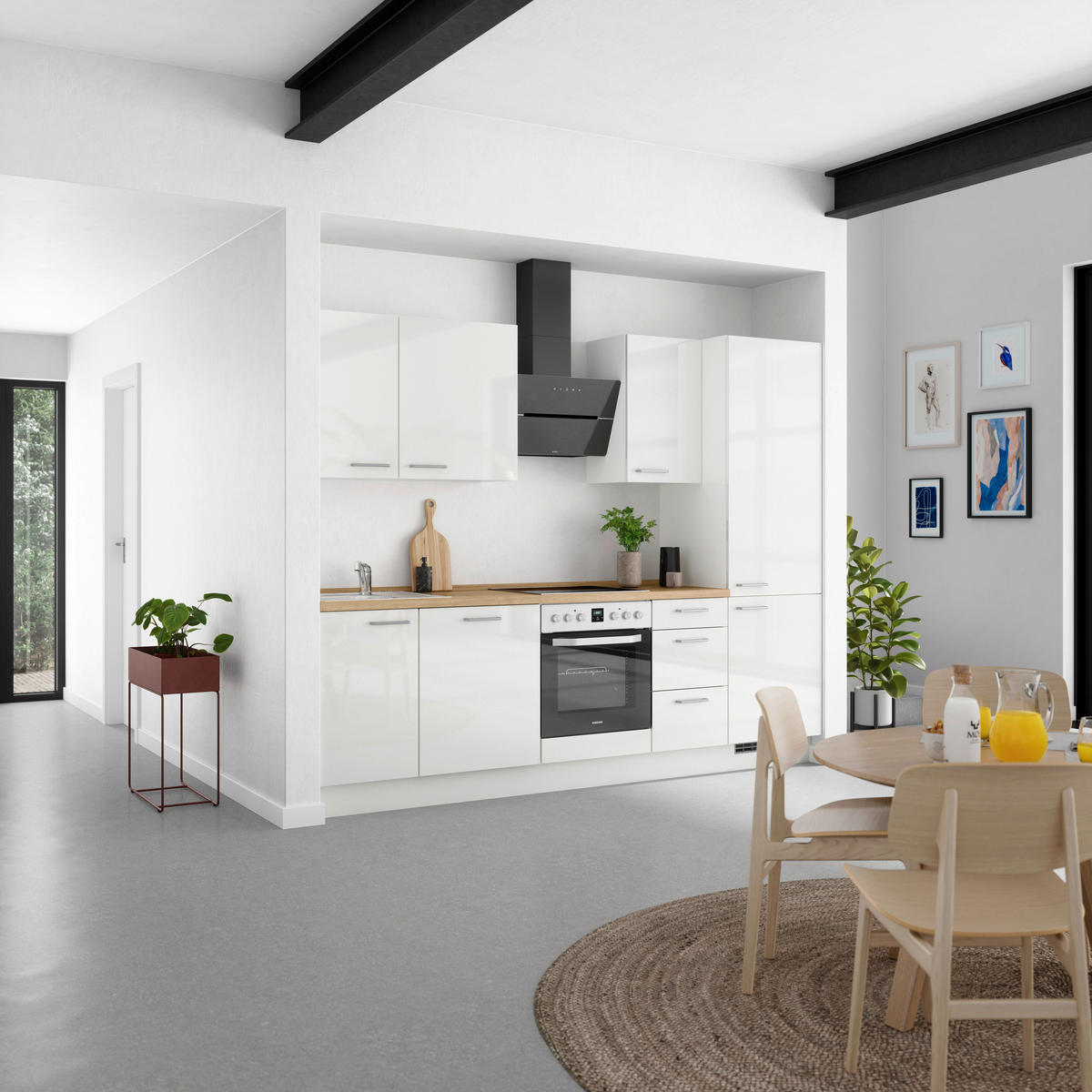 KÜCHENLEERBLOCK 270 cm   in Eichefarben, Weiß Hochglanz  - Edelstahlfarben/Eichefarben, MODERN, Holzwerkstoff/Metall (270cm) - Nobilia