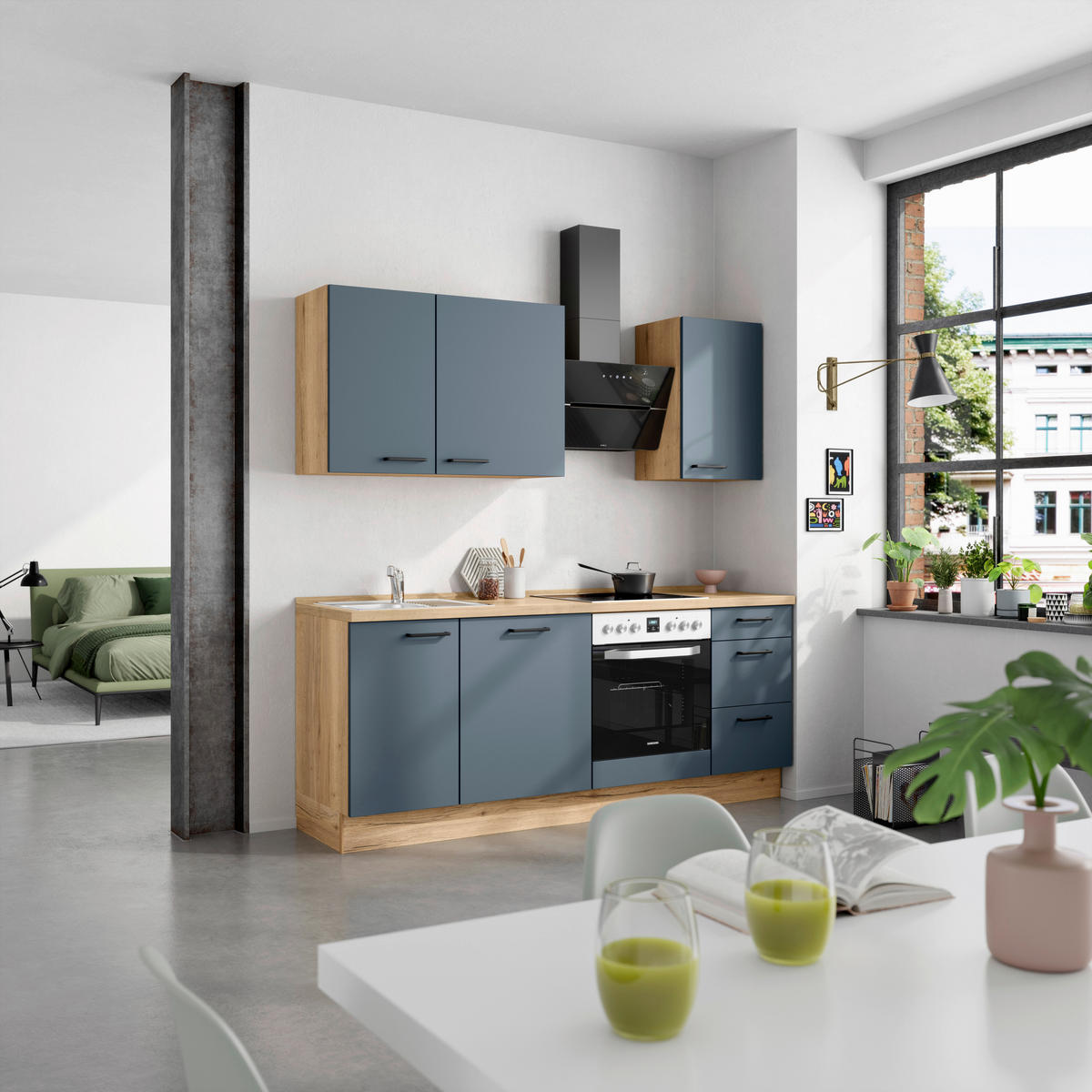 KÜCHENBLOCK Easytouch 210 cm  in Eichefarben, Dunkelblau  - Eichefarben/Schwarz, MODERN, Holzwerkstoff/Metall (210cm) - Nobilia