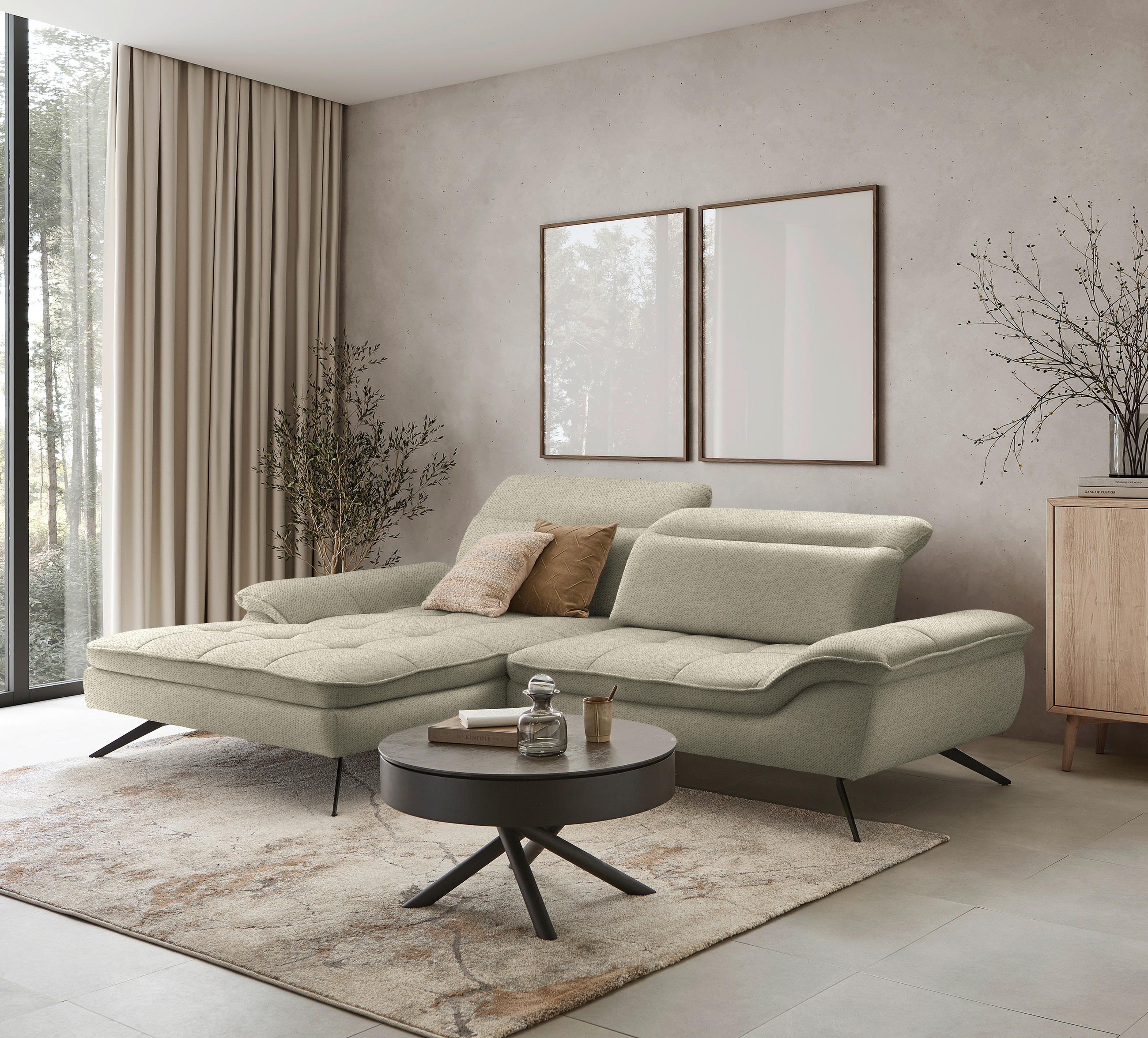 ECKSOFA in Chenille Cappuccino  179-202/288 cm  - Schwarz/Cappuccino, Design, Textil/Metall (179-202/288cm) - Stylife