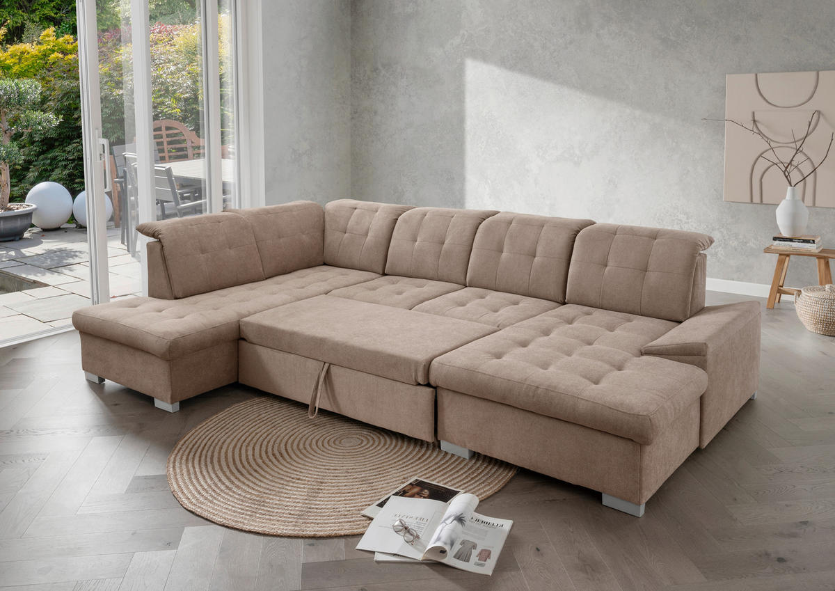 WOHNLANDSCHAFT in Chenille Hellbraun  - Chromfarben/Hellbraun, MODERN, Kunststoff/Textil (212/330/169cm) - Livetastic
