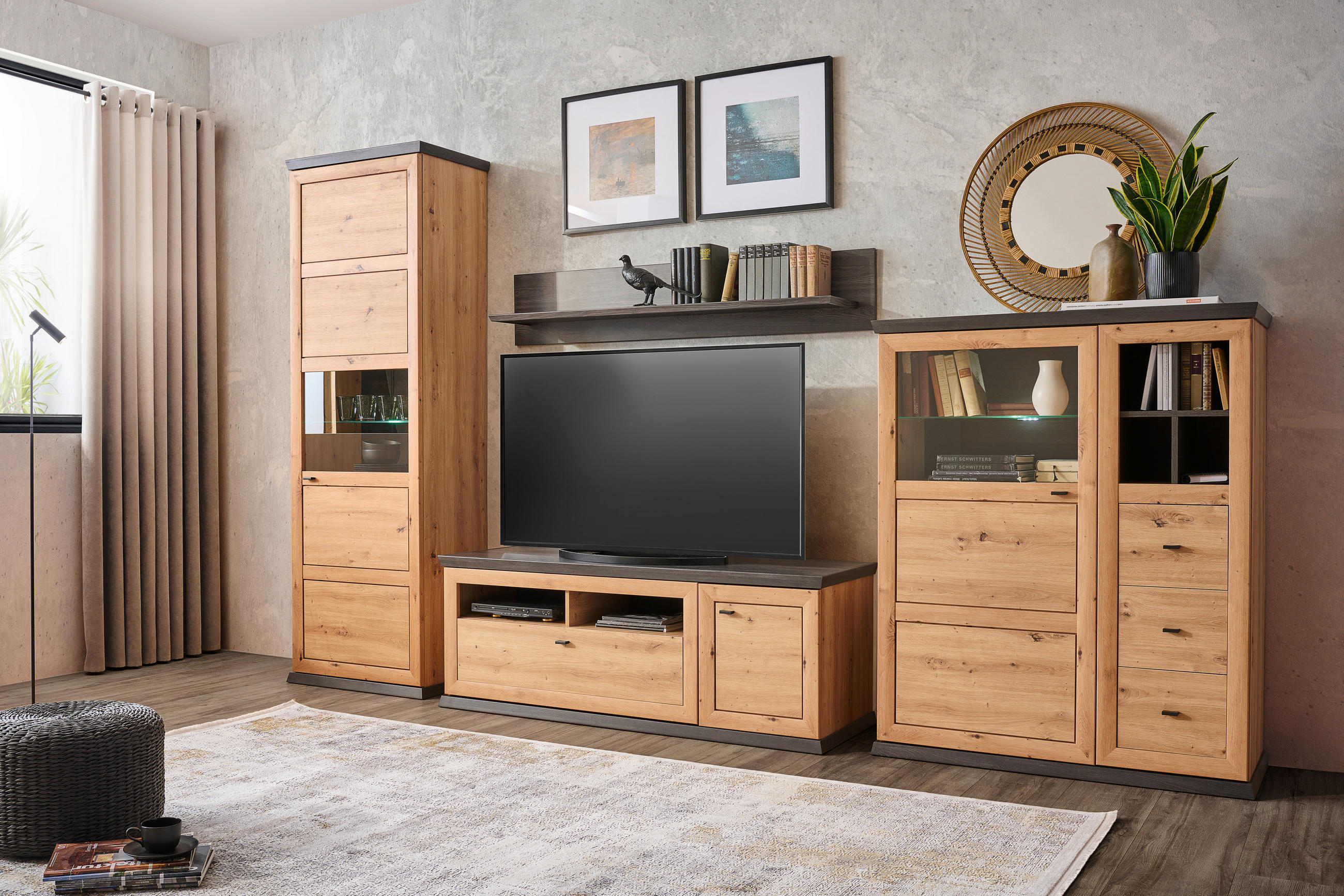 WOHNWAND in Dunkelgrau, Eiche Artisan 329,4/209,2/50 cm - Dunkelgrau/Anthrazit, Modern, Glas/Holzwerkstoff (329,4/209,2/50cm) - Hom`in