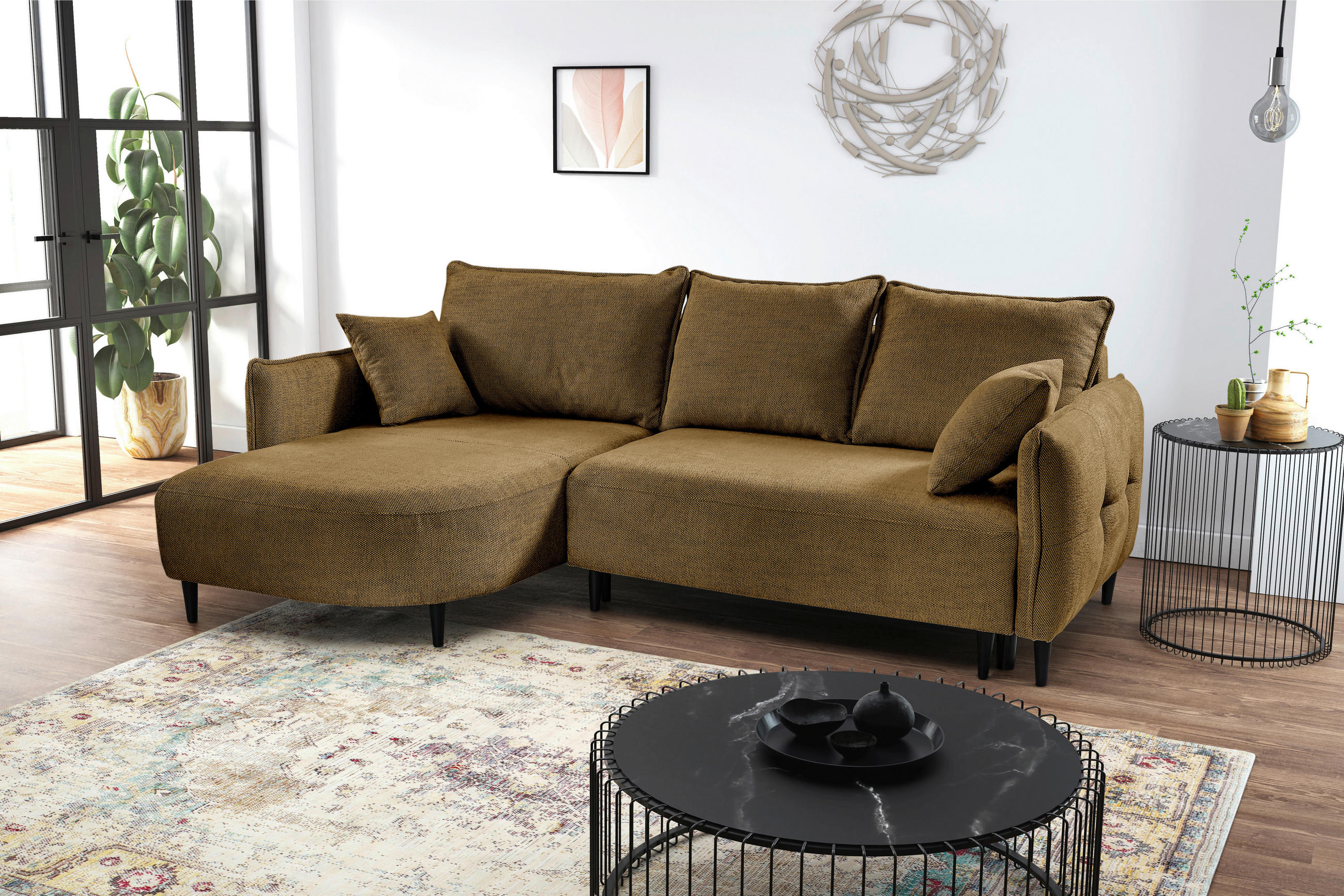 ECKSOFA in Struktur Goldfarben  - Goldfarben/Schwarz, Design, Holz/Textil (165/244cm) - MID.YOU